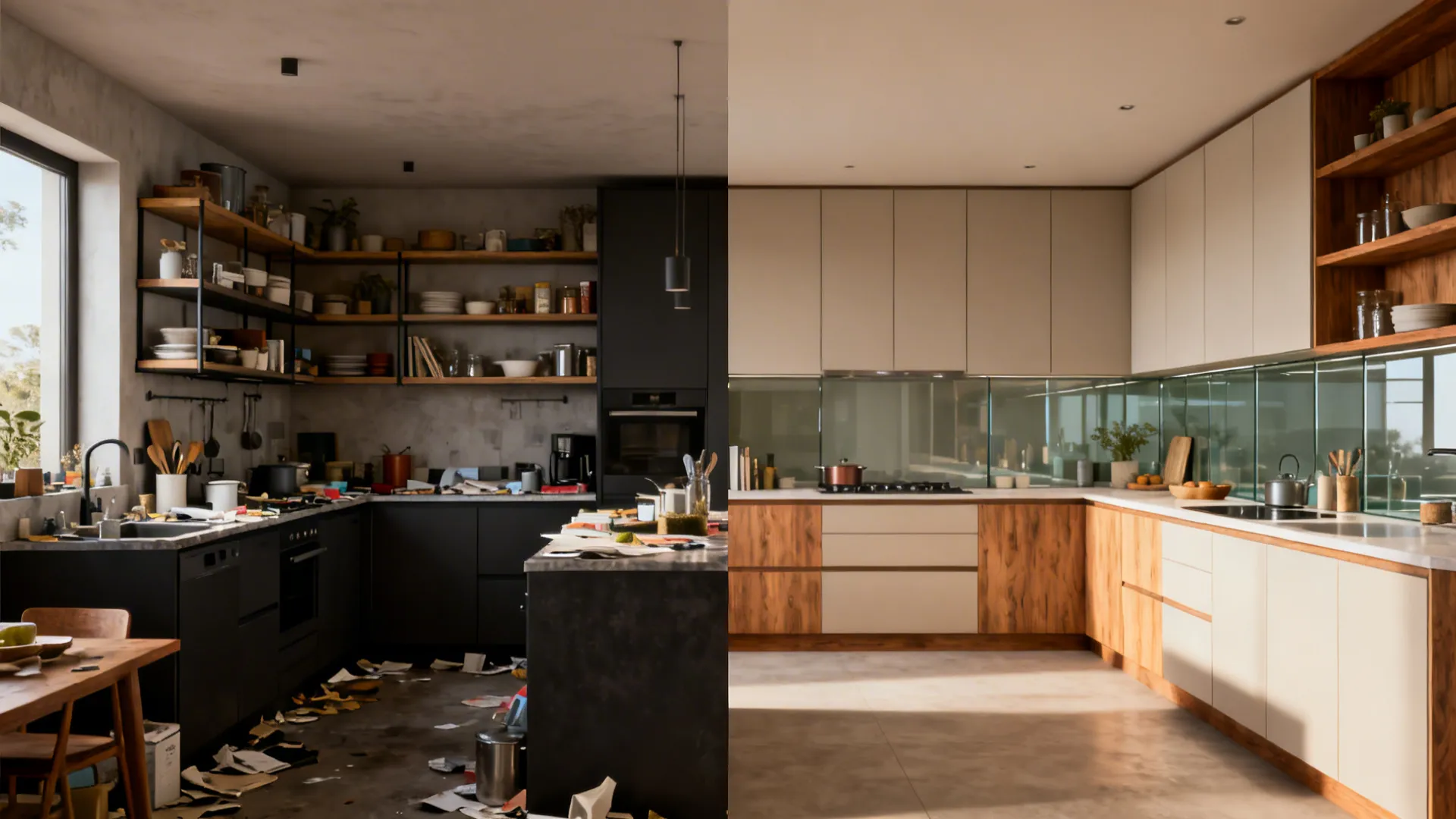 Before-and-after of a compact kitchen changing from cluttered shelves to sleek almirahs with added light and warmth.