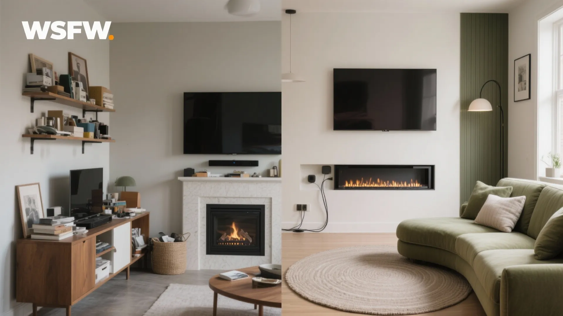 Before-and-after of a small living room updated to a unified TV and fireplace wall.