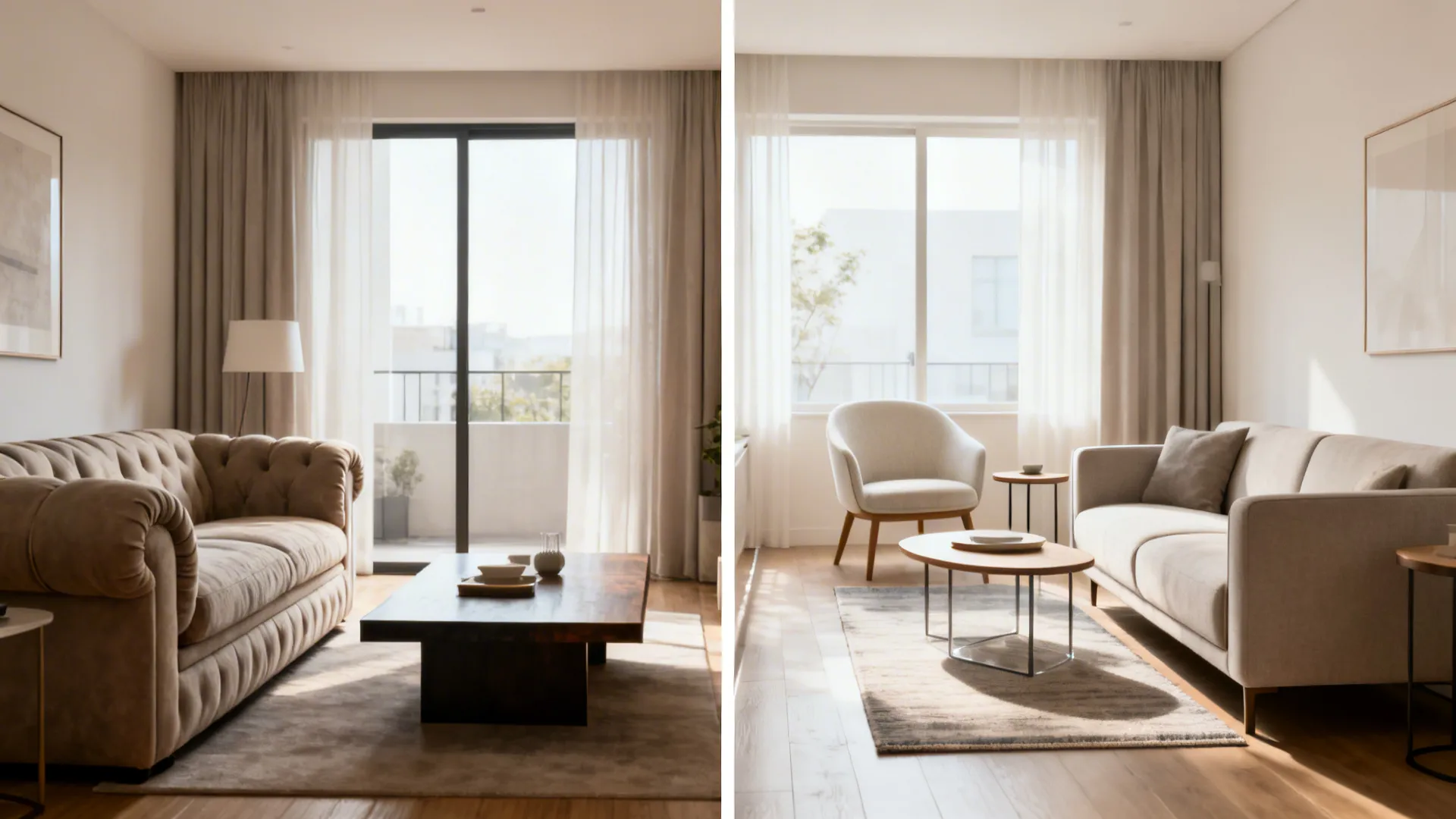 Before-and-after of a small living room changing from bulky furniture to a slim loveseat and light chair with open pathways.