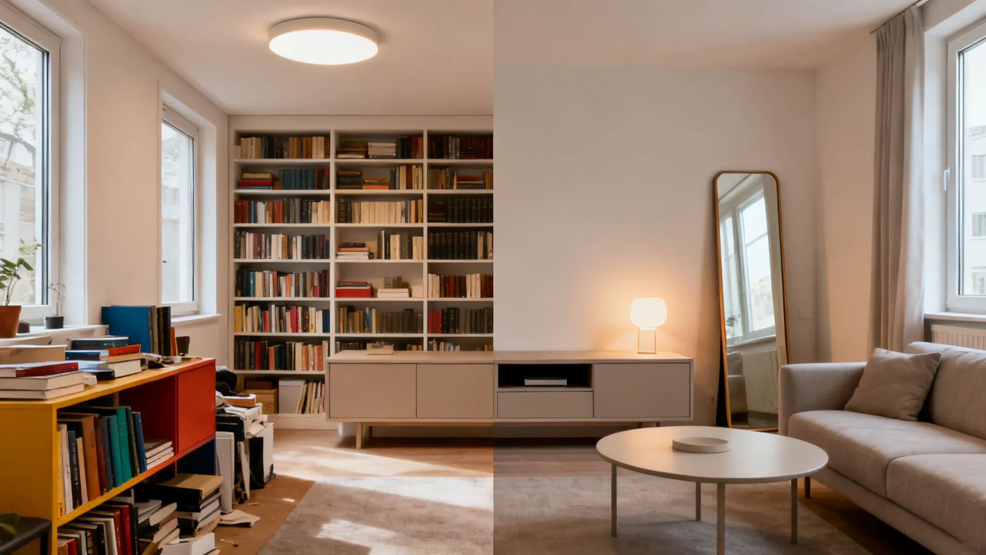 Before-and-after of a tiny living room transforming from cluttered to minimalist and airy.