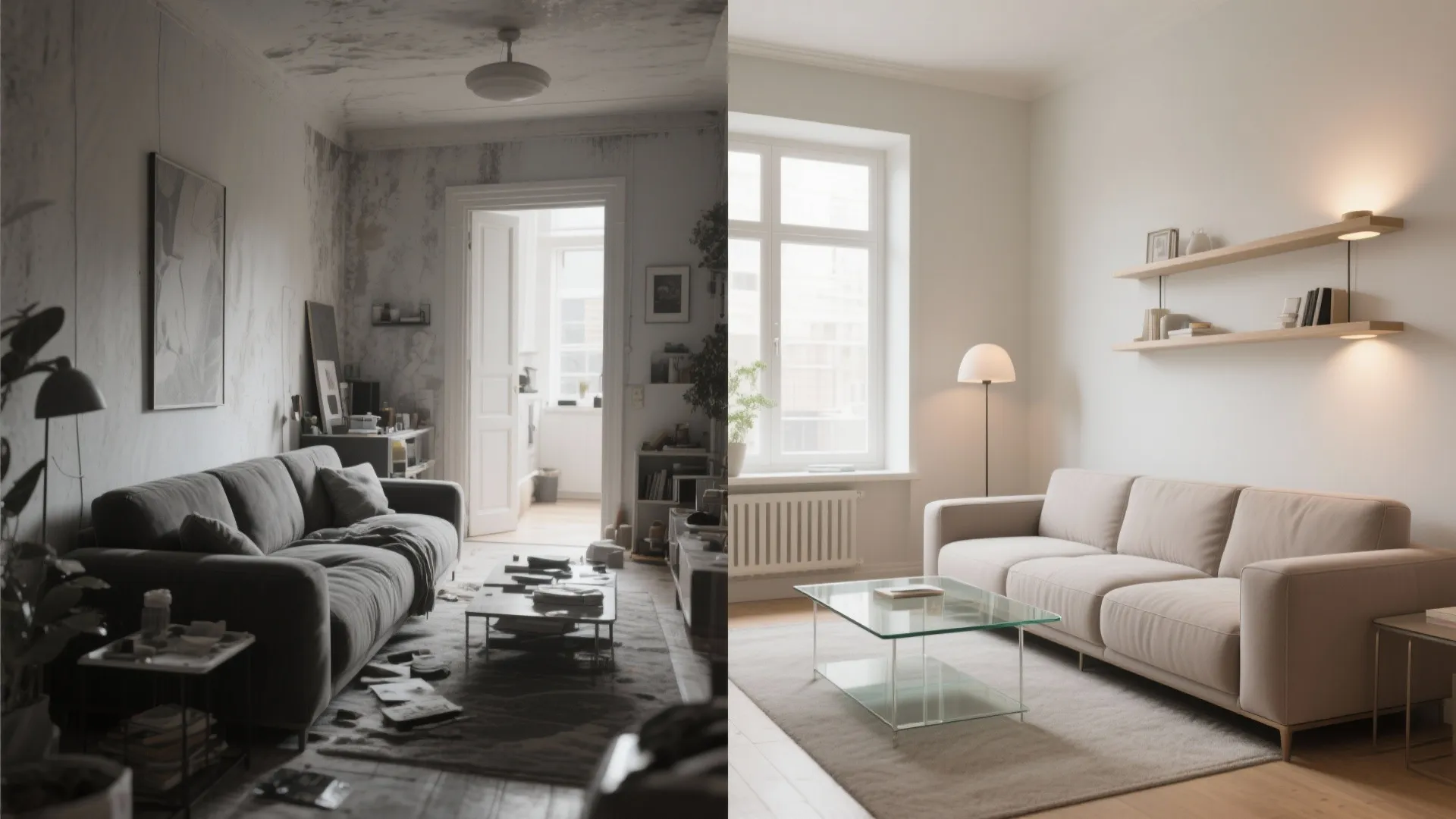 Before and after comparison of a messy dark living room versus a clean bright space
