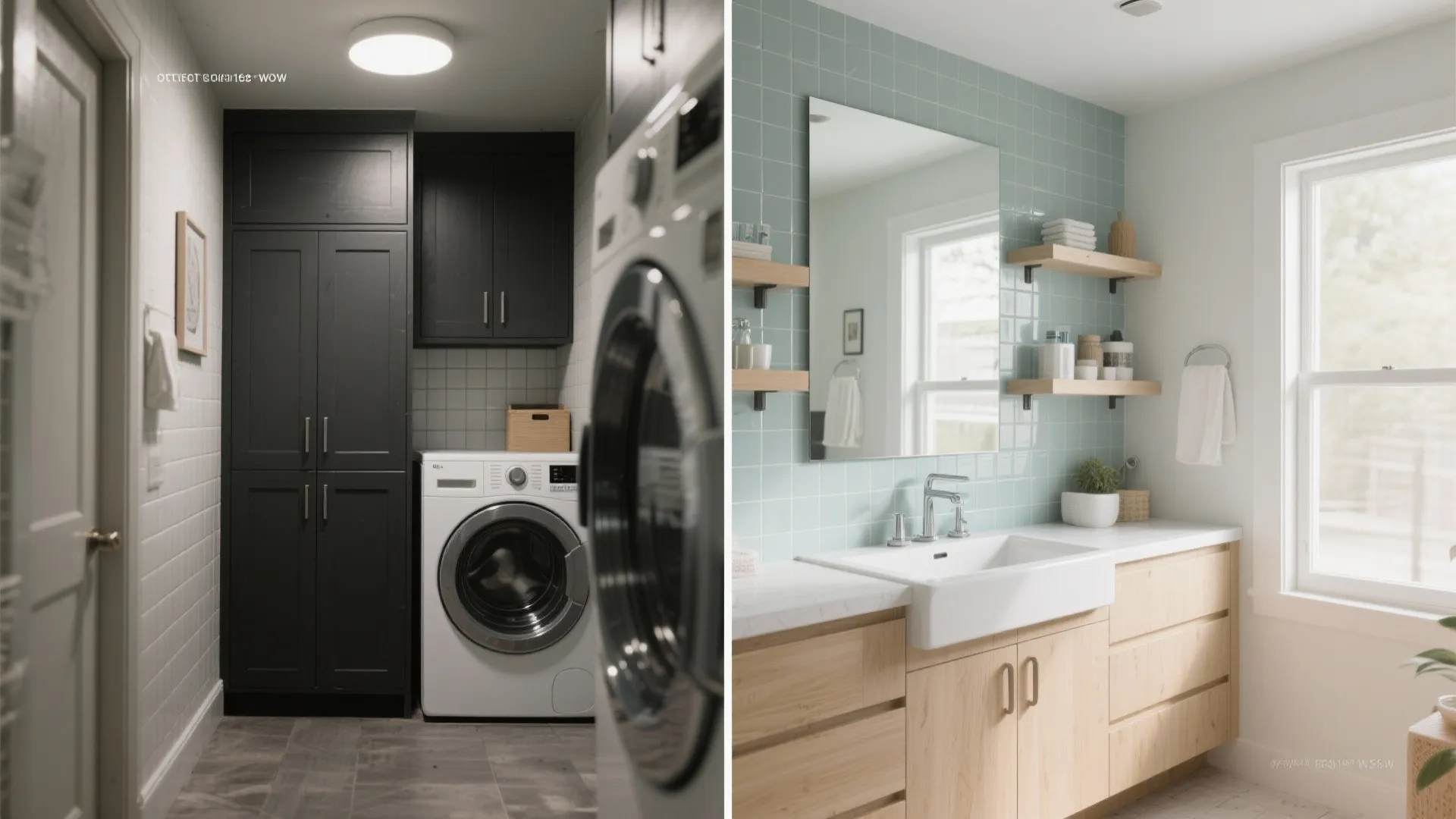 Before and after comparison of a dark laundry room versus a bright and modern bathroom