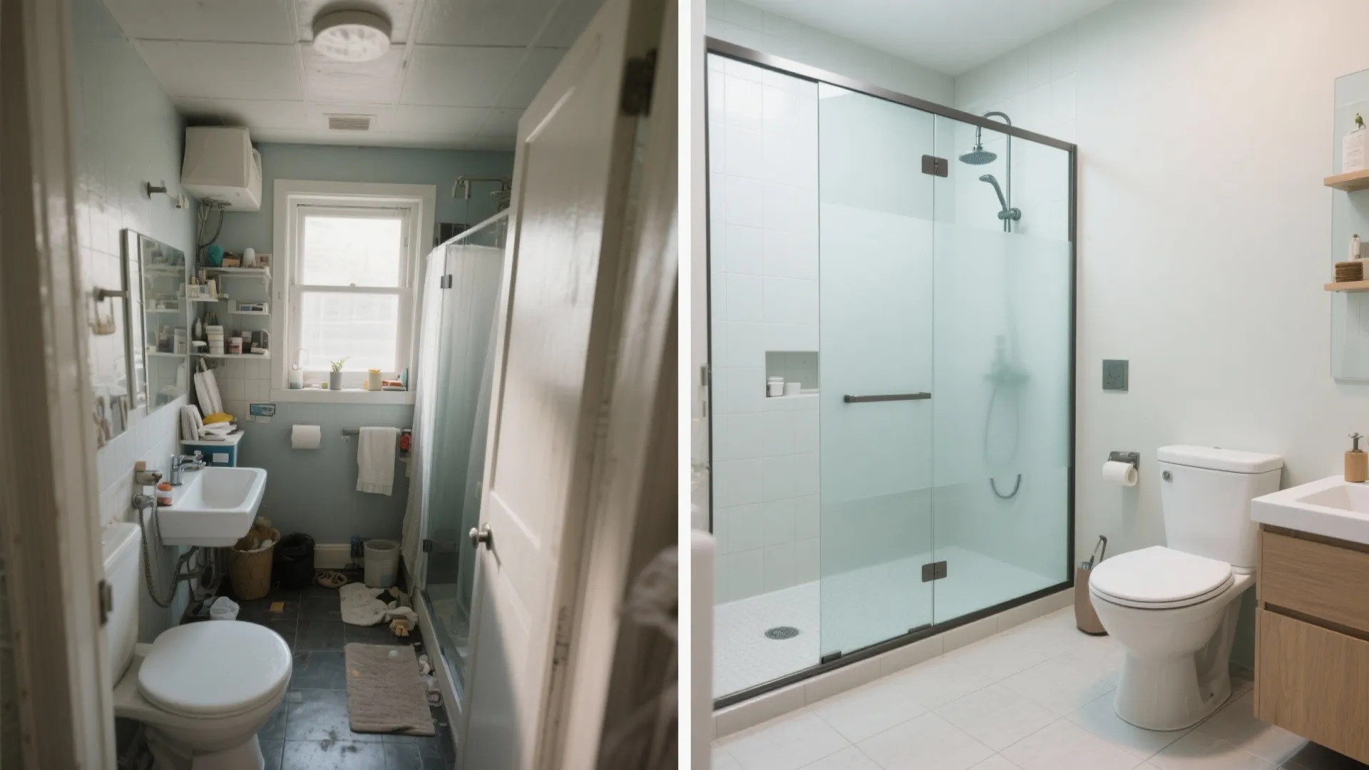 Before-and-after of a small bath showing improved privacy with a frosted glass partition.