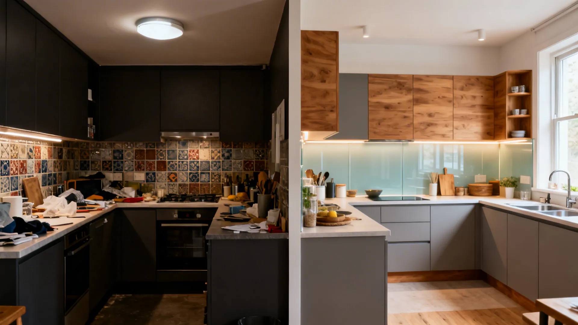 Before and after comparison of a messy dark kitchen versus a bright modern renovated kitchen