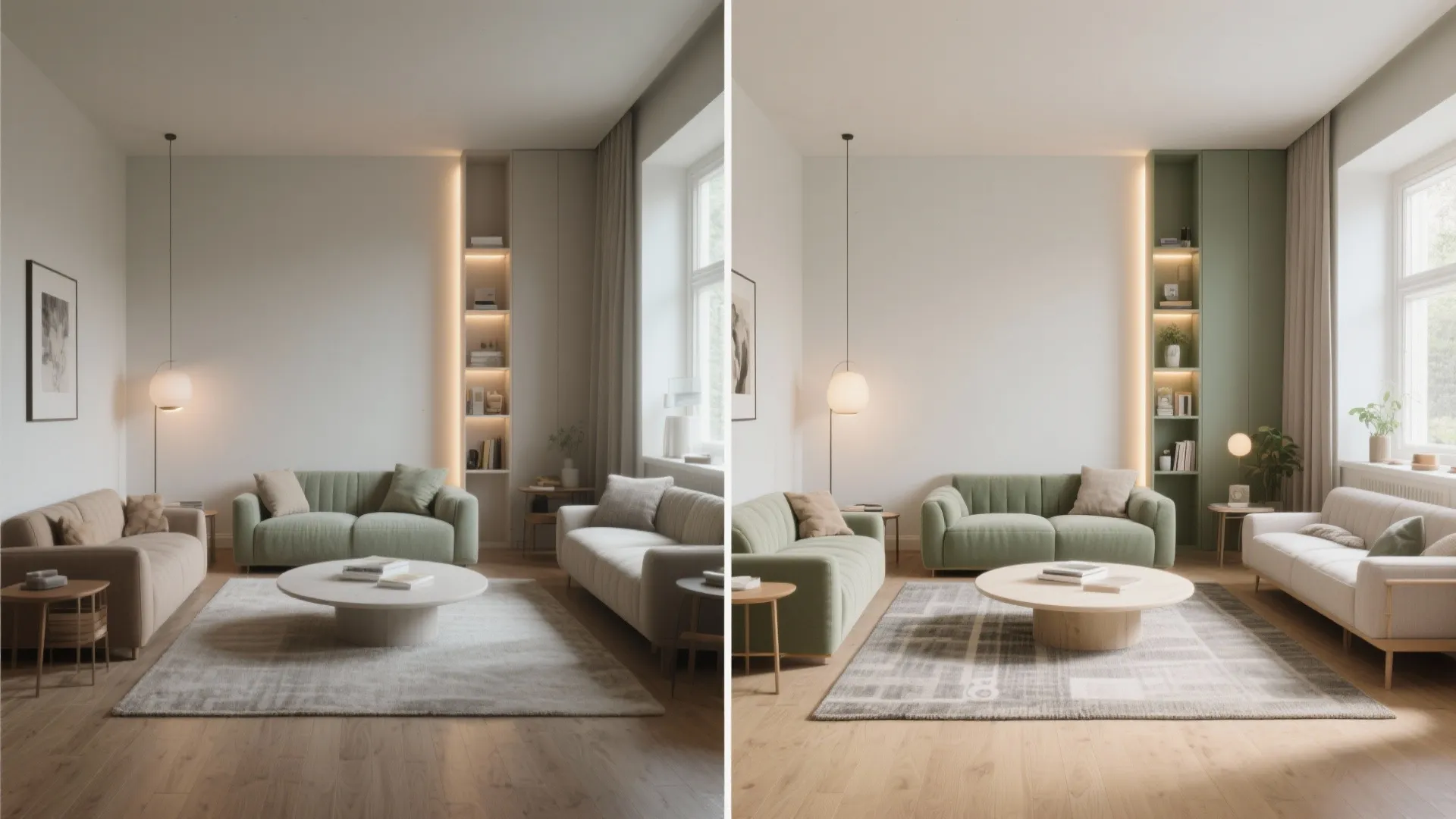 Before and after interior design comparison showing updated furniture colors and brighter room lighting in living