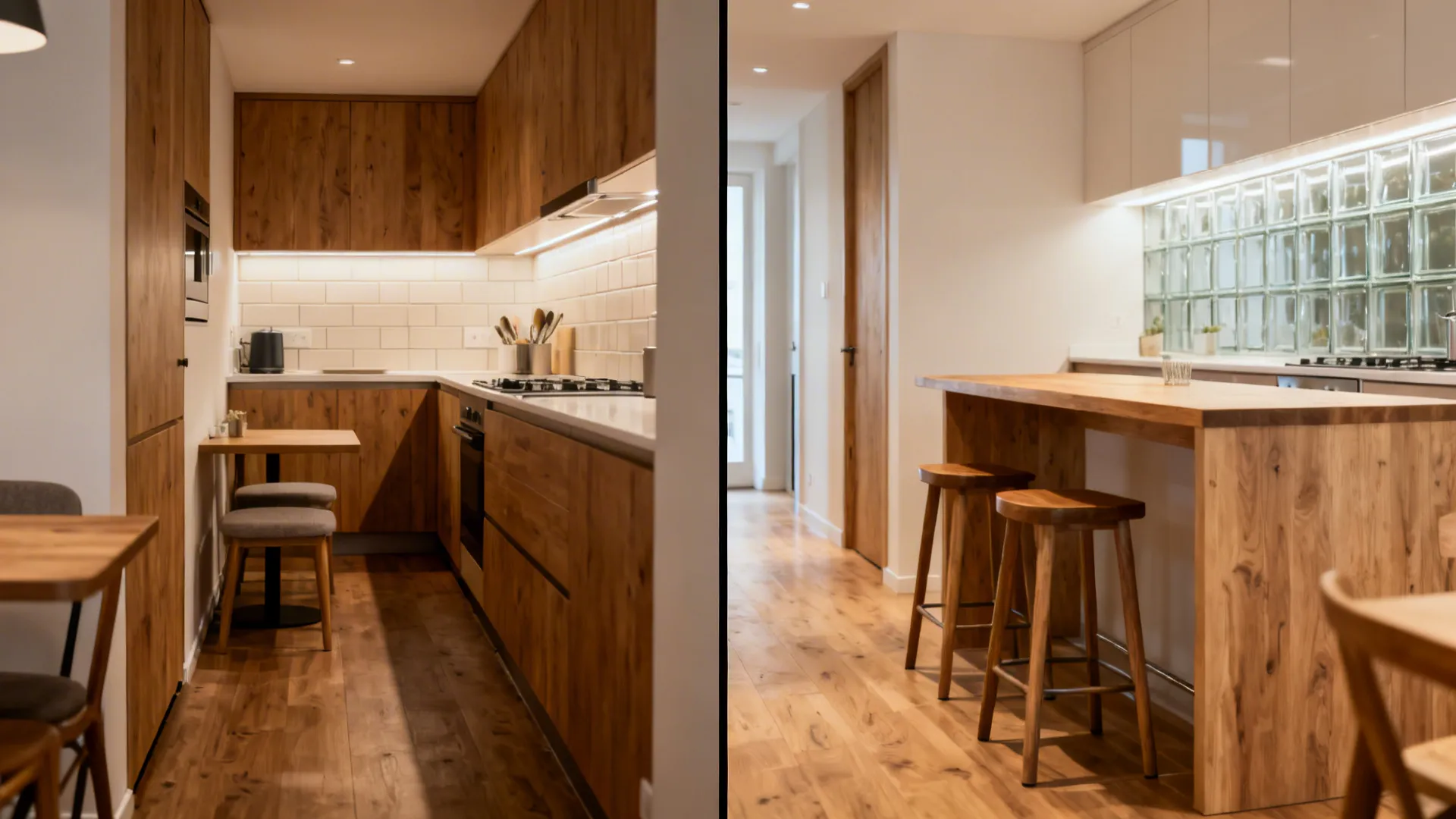 Before-and-after tiny kitchen showing improved aisle, counter height, and seating.