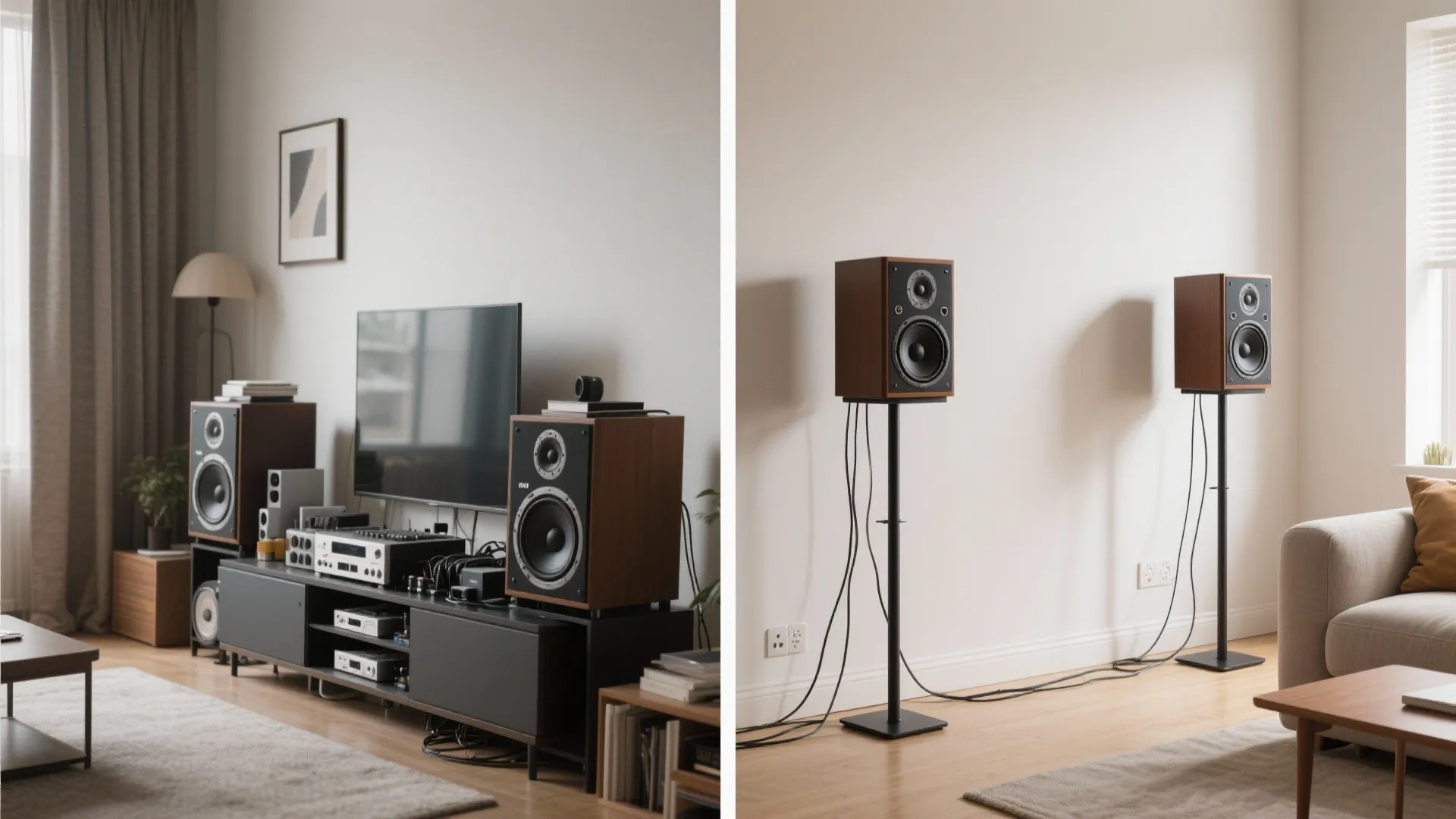 Before-and-after showing cluttered speakers on a console versus optimized placement on stands.