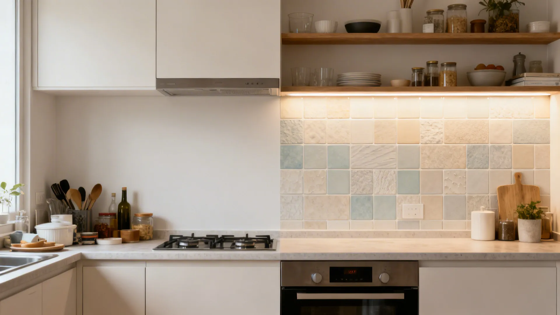 Split view showing a compact kitchen wall before and after tile sticker upgrades.
