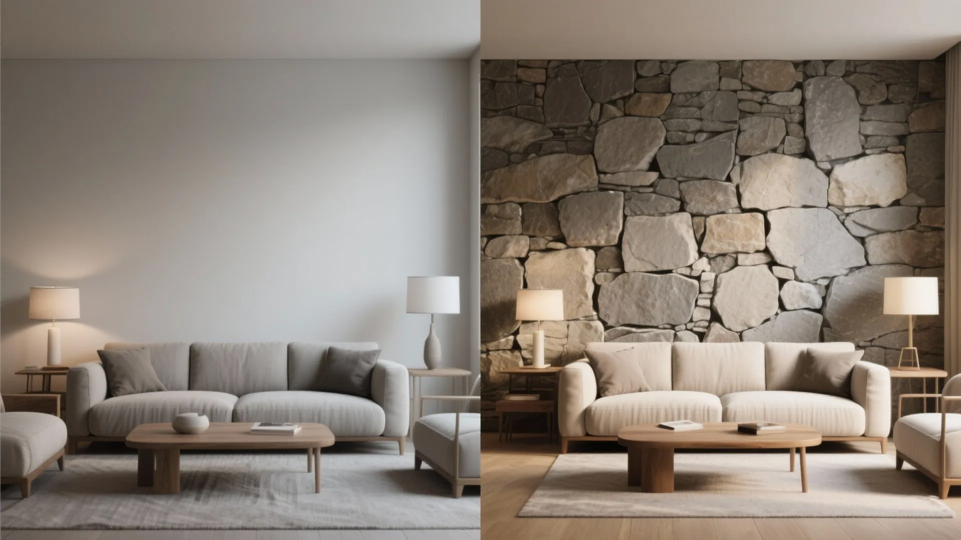 Before and after interior design comparison of living room with plain wall versus stone wall