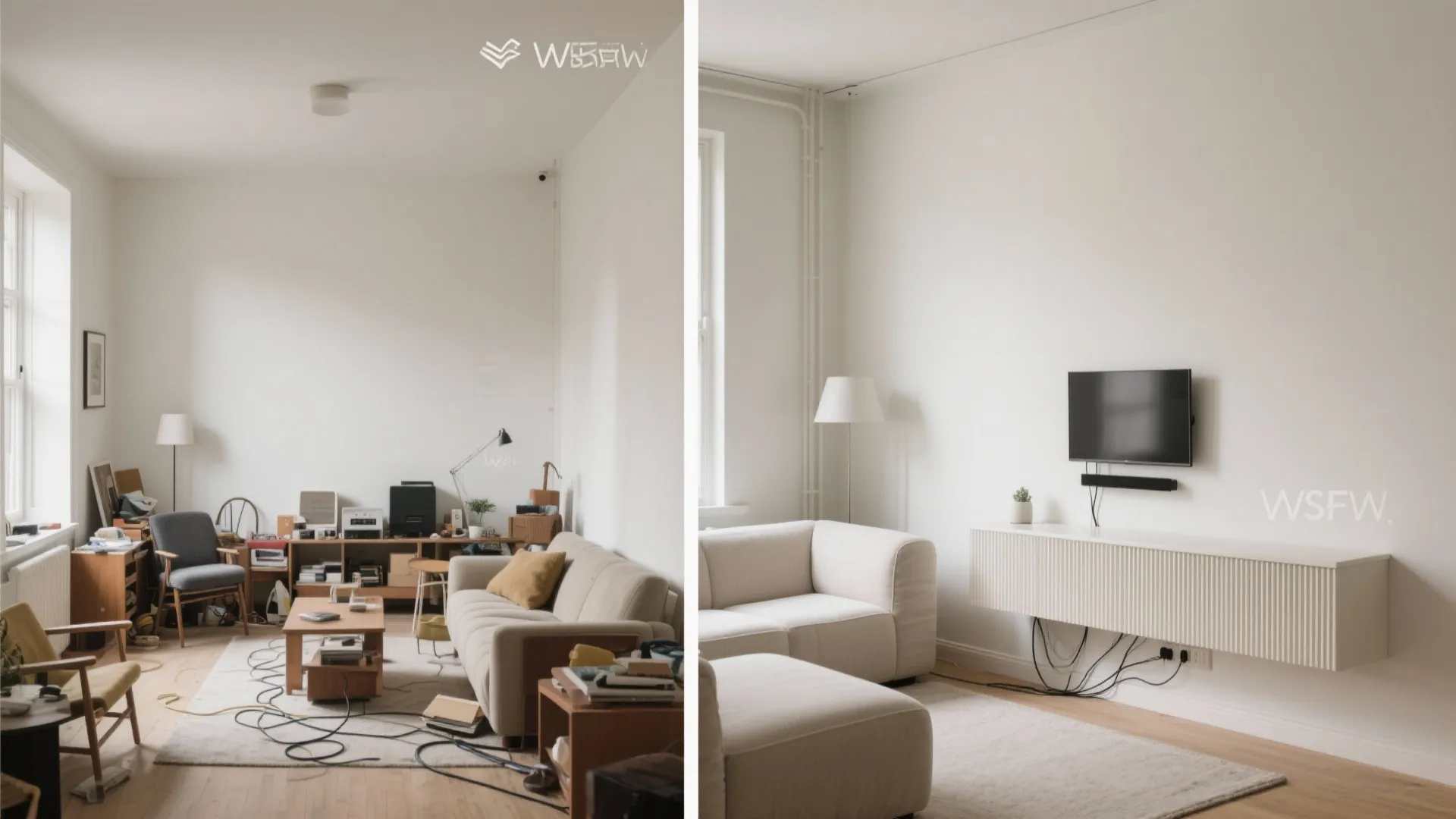 Before and after comparison of messy living room versus clean minimalist space with wall cabinet