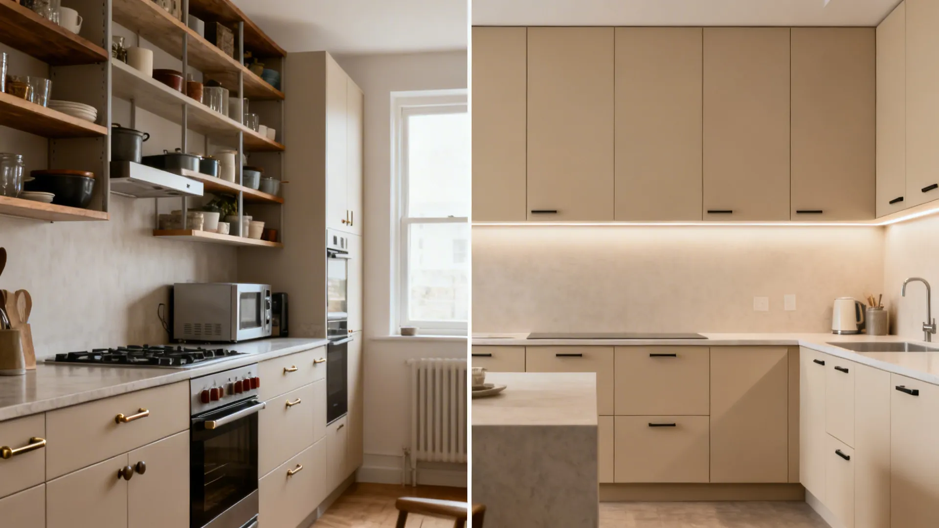 Before-and-after comparison of a studio kitchen transformed to seamless matte beige cabinetry.