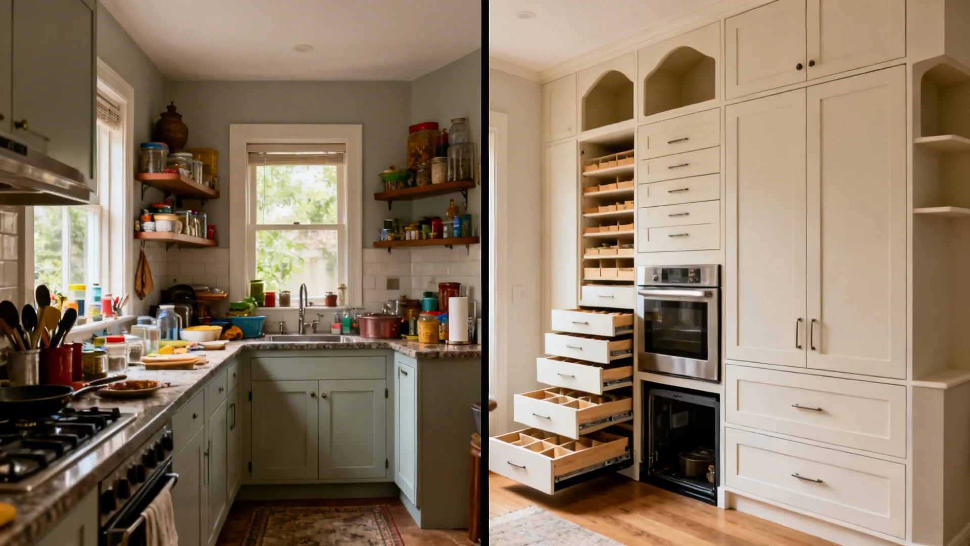 Before-and-after of a compact kitchen upgraded with tall pantry, drawers, and lighter uppers