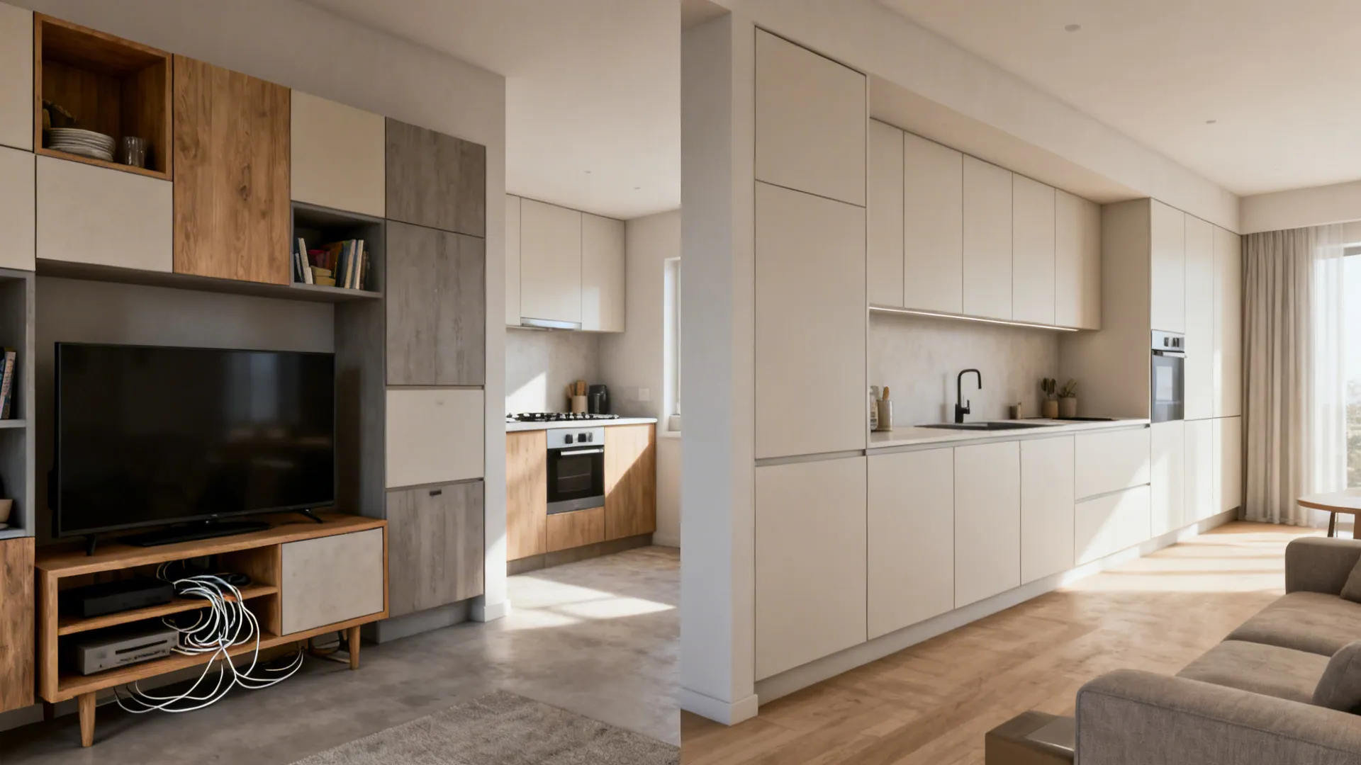 Before-and-after showing cluttered storage replaced by unified handleless cabinetry across both rooms.
