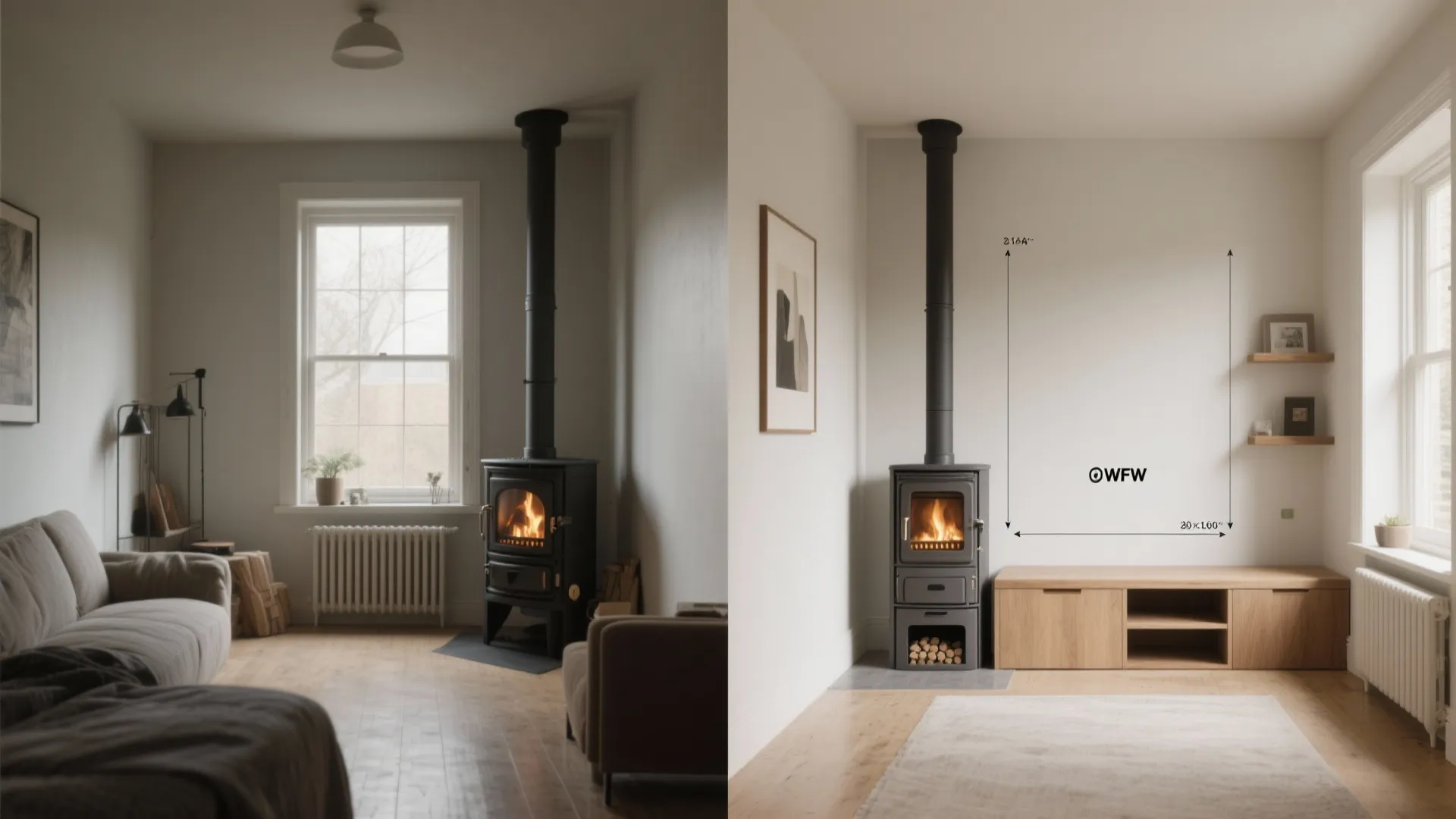 Before-and-after comparison showing a bulky stove overwhelming a studio versus a slim integrated pellet stove solution.