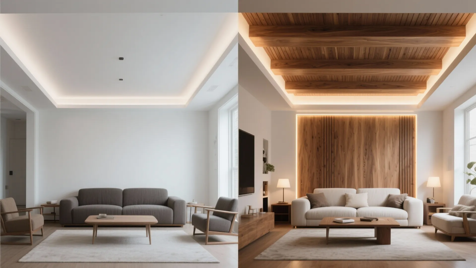 Before-and-after of the same living room ceiling: plain white vs warm wooden with layered lighting.