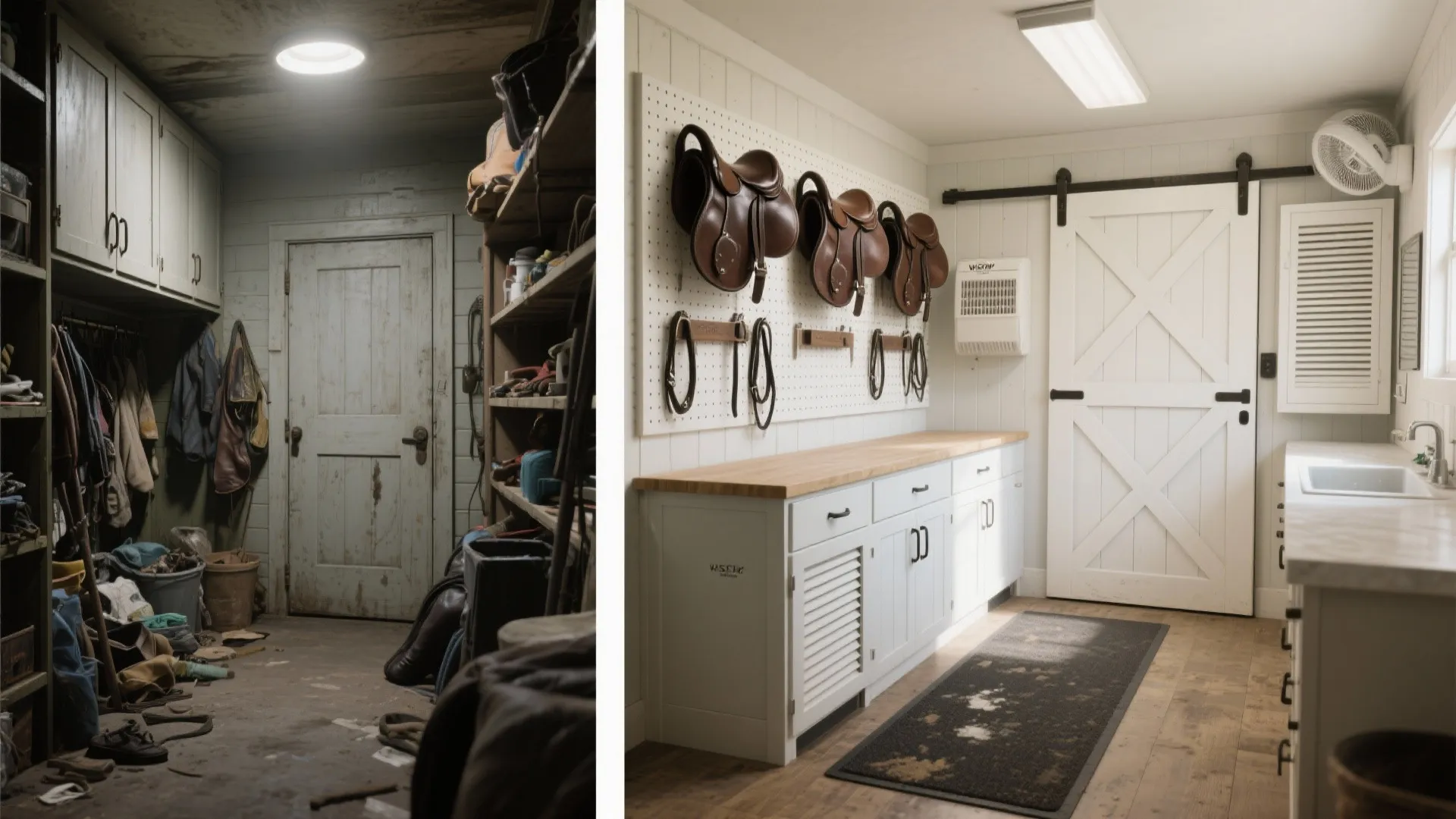 Before-and-after split of a tiny tack room from cluttered and dim to bright, organized, and ventilated.