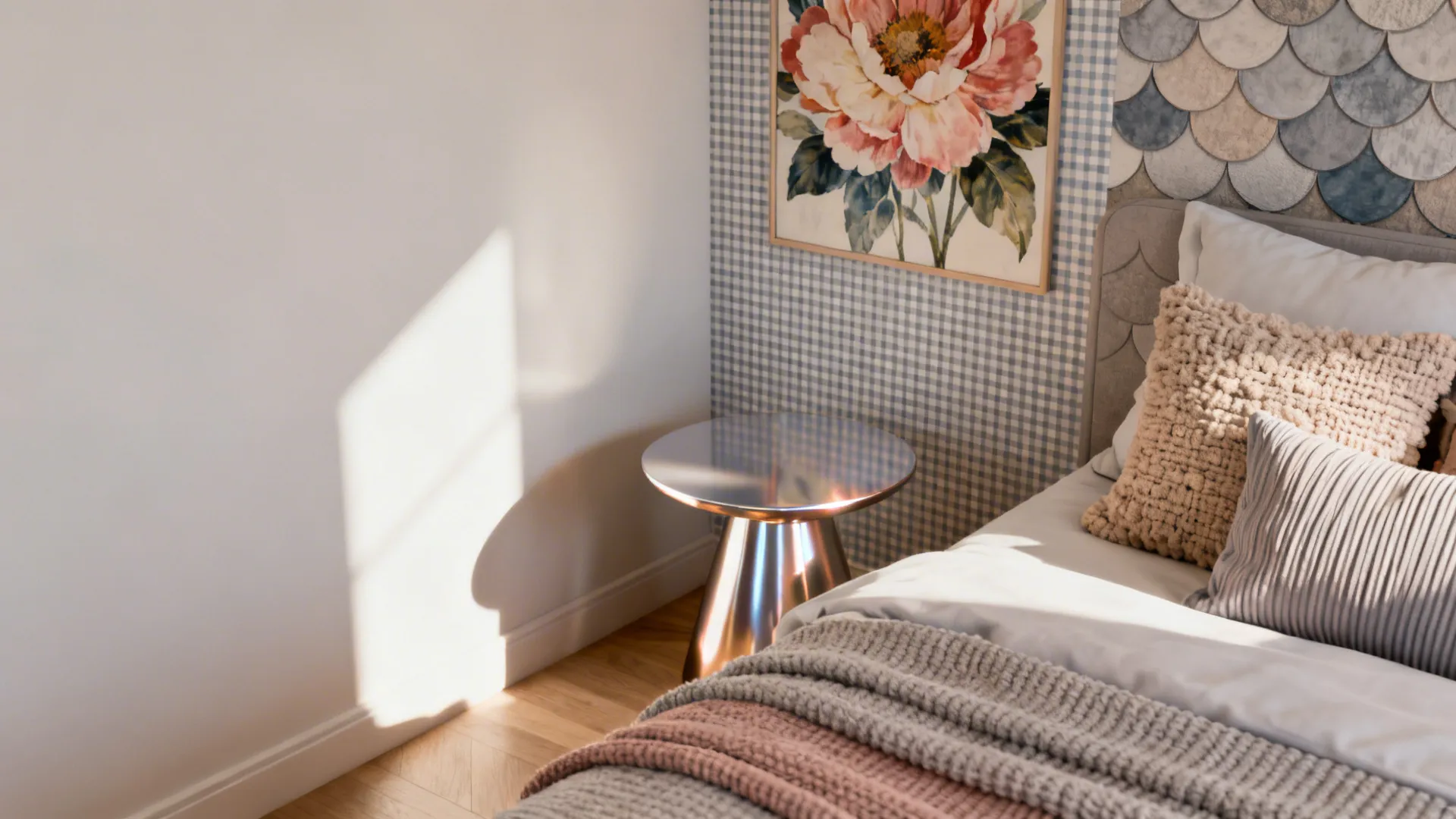 Before and after of a teen room corner from plain to layered textures and patterns.