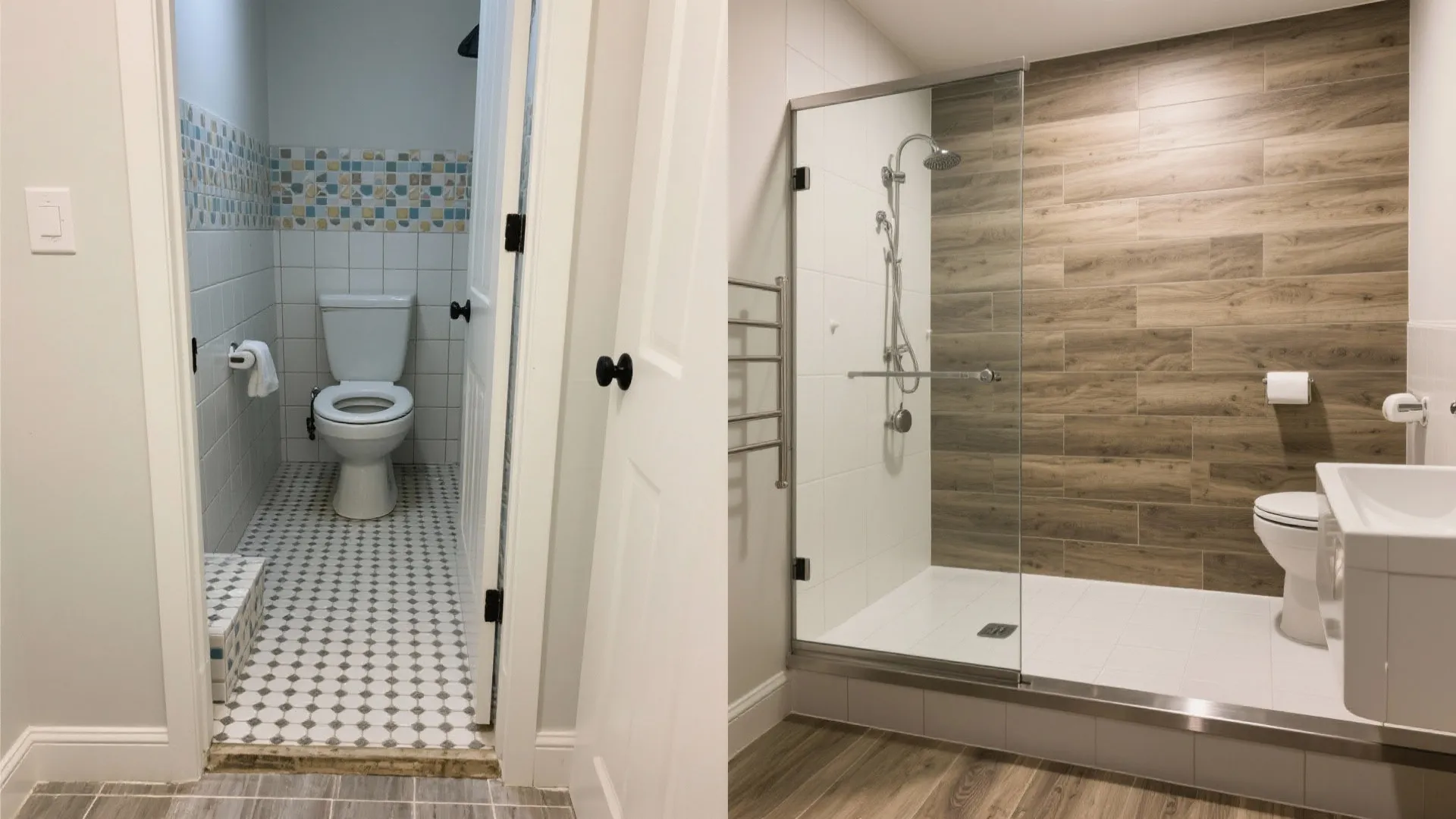 Before-and-after of a bathroom threshold from stepped to flush with large wood-look planks.