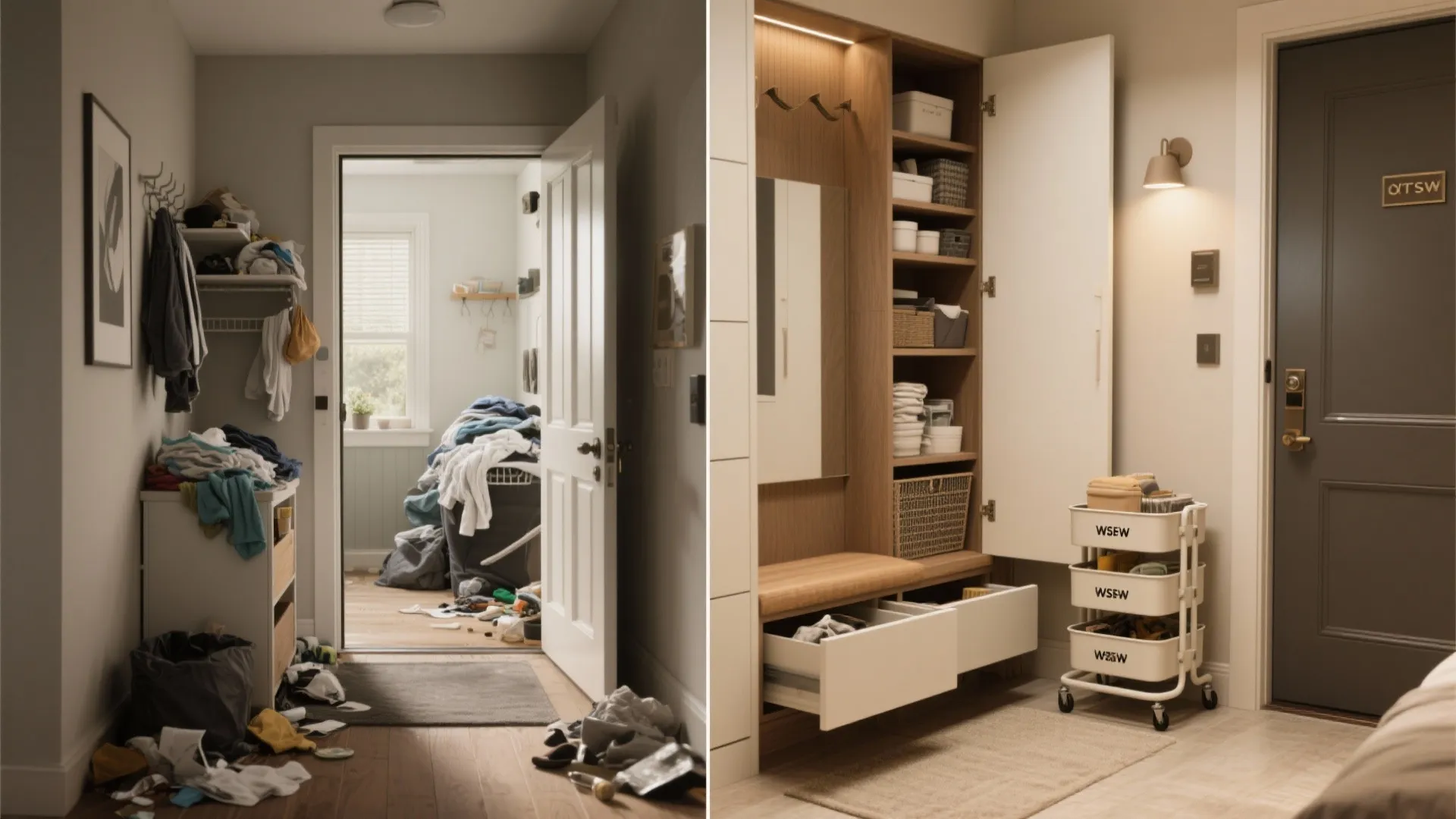 Before and after comparison of a messy laundry room versus a tidy organized storage space