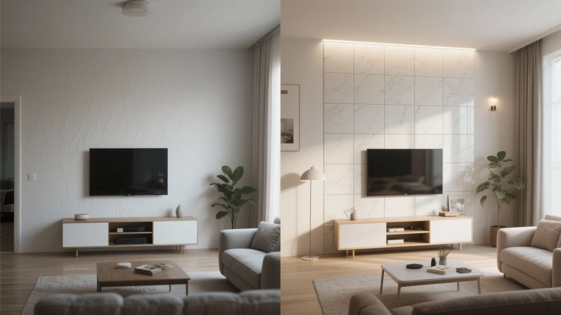 Before and after comparison of living room wall renovation with new white marble wall panels installed