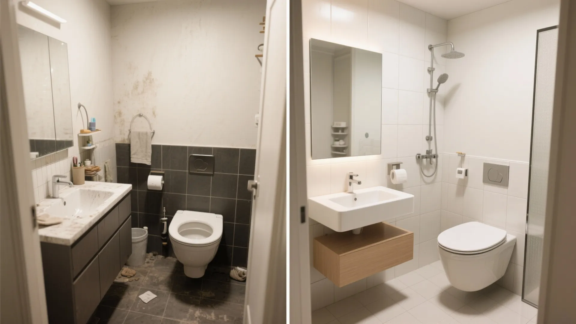 Before-and-after comparison of a messy dark bathroom versus a clean modern white bathroom with shower
