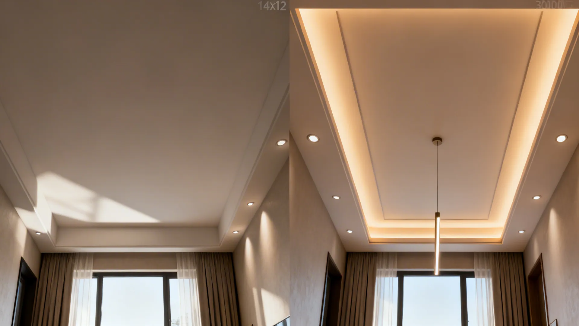 Before and after comparison of ceiling light designs with hidden led strips and a hanging light