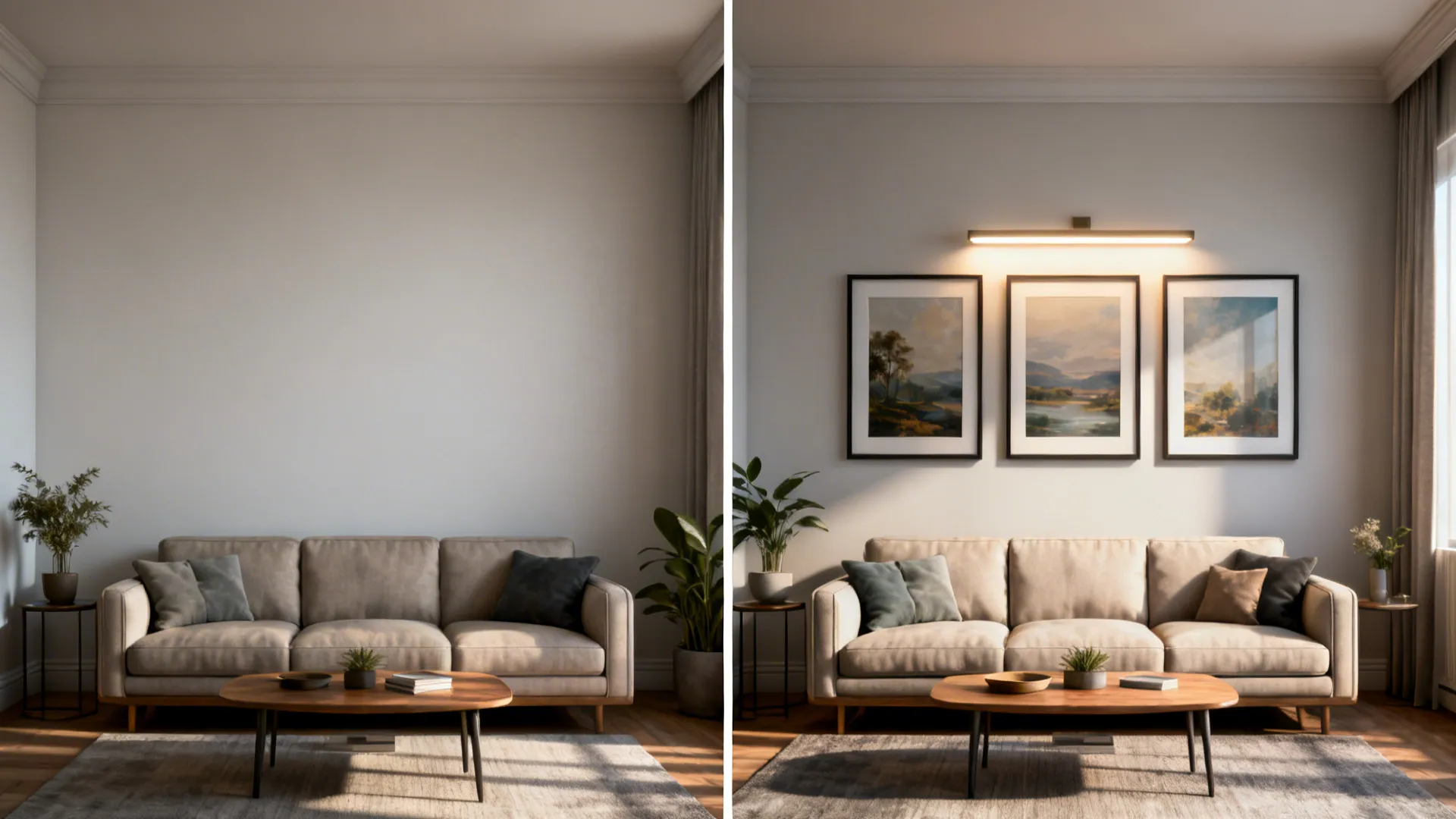 Before-and-after comparison showing how a three-panel triptych makes a small living room feel wider and more balanced.