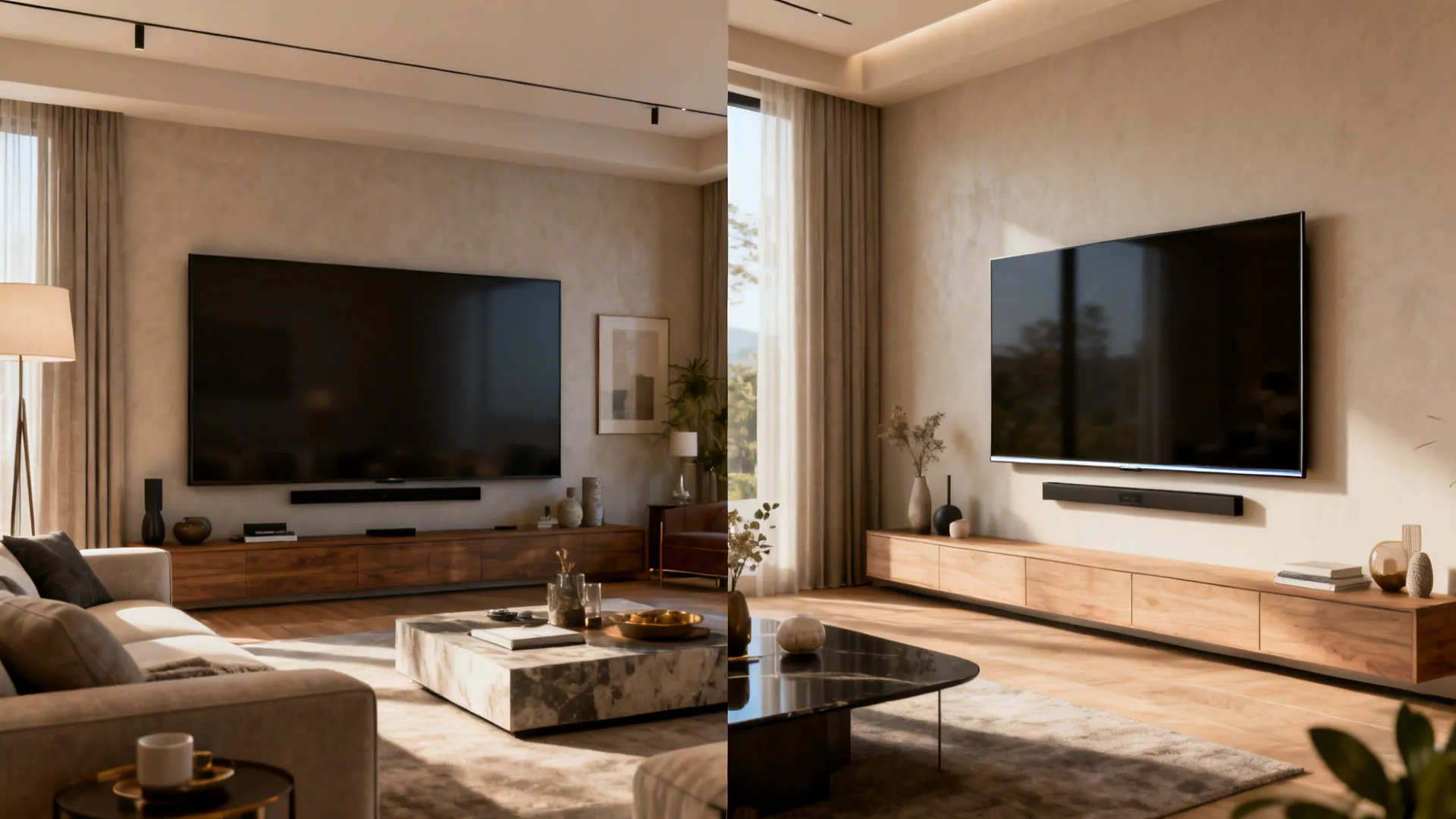 Before and after living room showing oversized TV versus sleek, future-proof setup