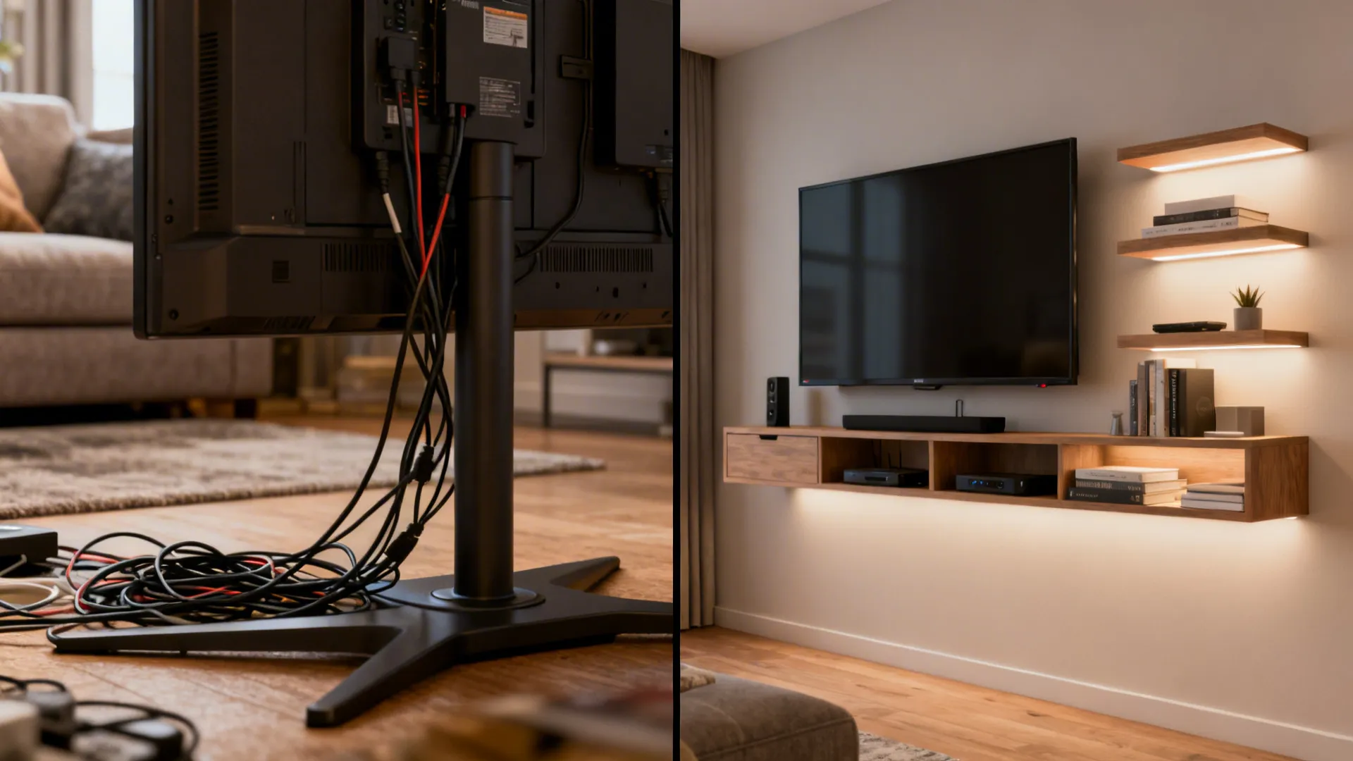 Split view showing a cluttered TV wall transformed into a clean wall-mounted unit with lighting.