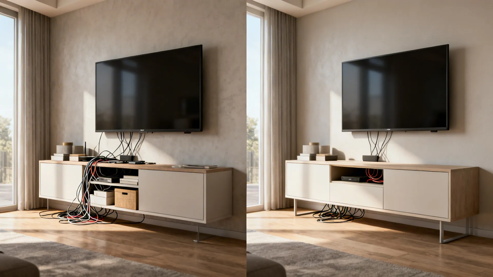 Before and after comparison of a television setup with messy versus neatly organized power cables