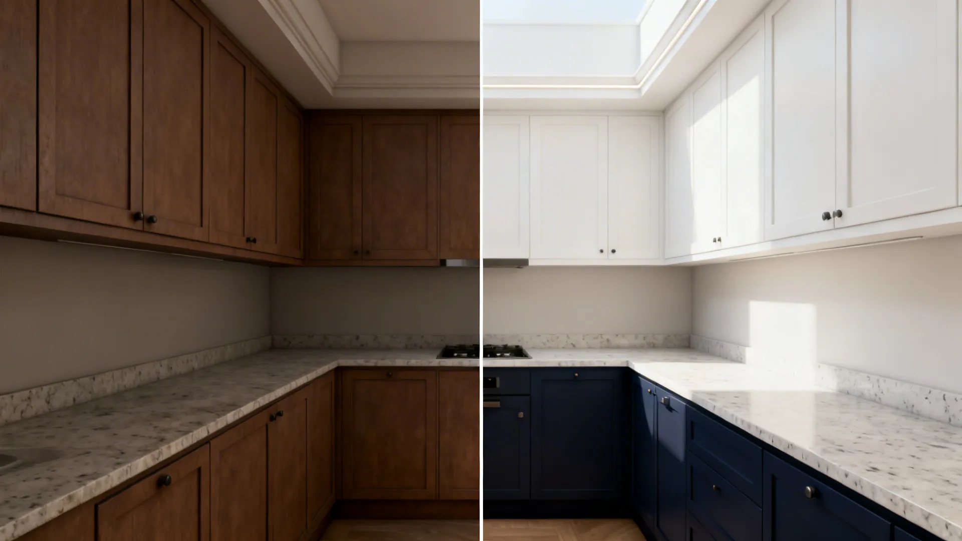 Before-and-after kitchen remodel showing brown wooden cabinets changing to white and blue modern cabinet styles