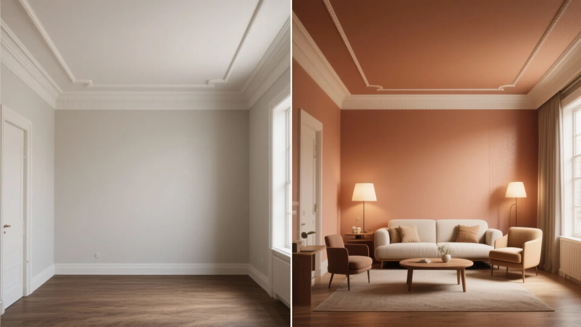 Side-by-side comparison: contrasting ceiling and unified ceiling showing visual differences in the same small room.