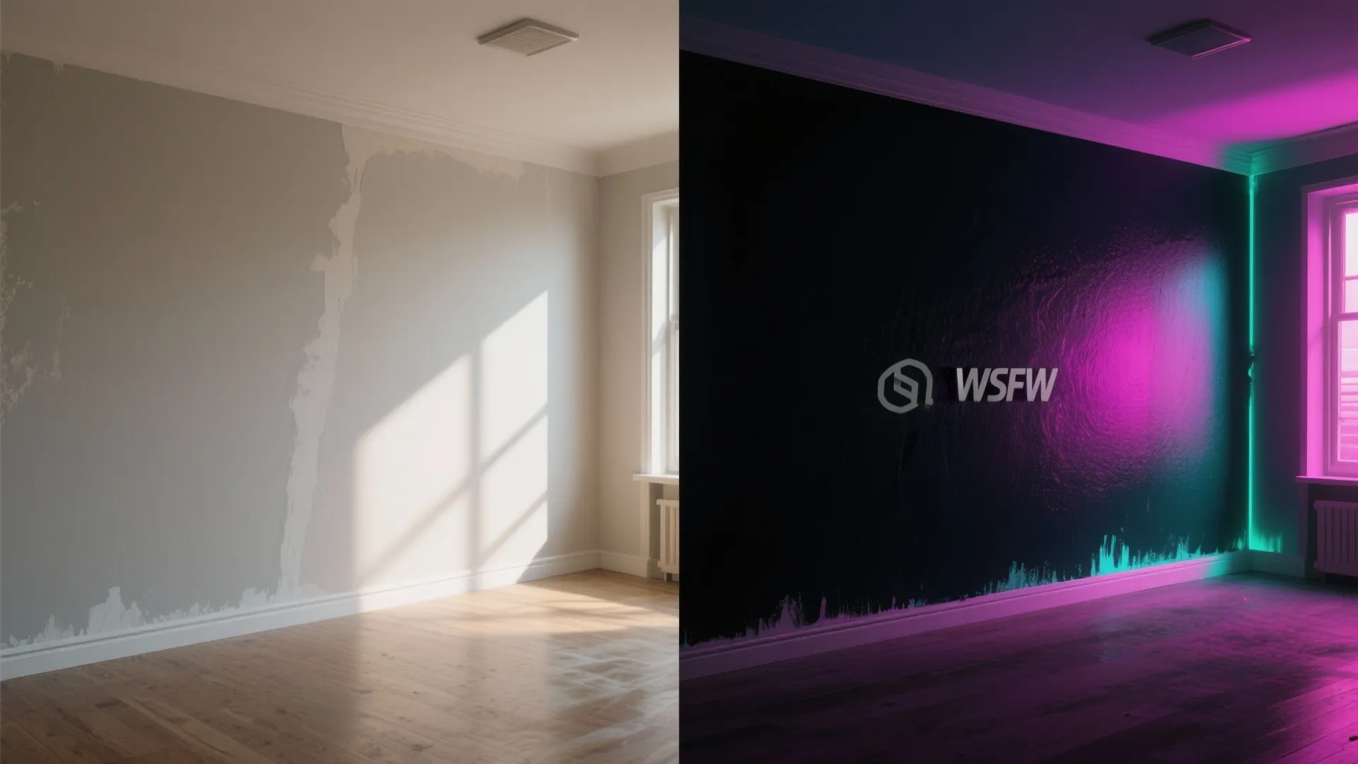 Before and after comparison of a plain white wall versus a black glowing textured wall