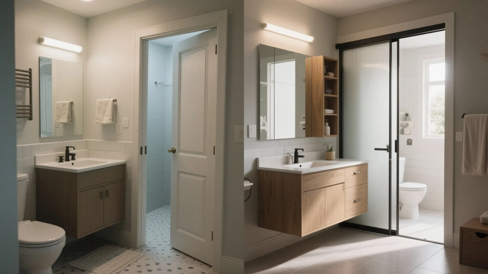 Before and after of a small bathroom showing swing-door vs sliding-door vanity saving floor space