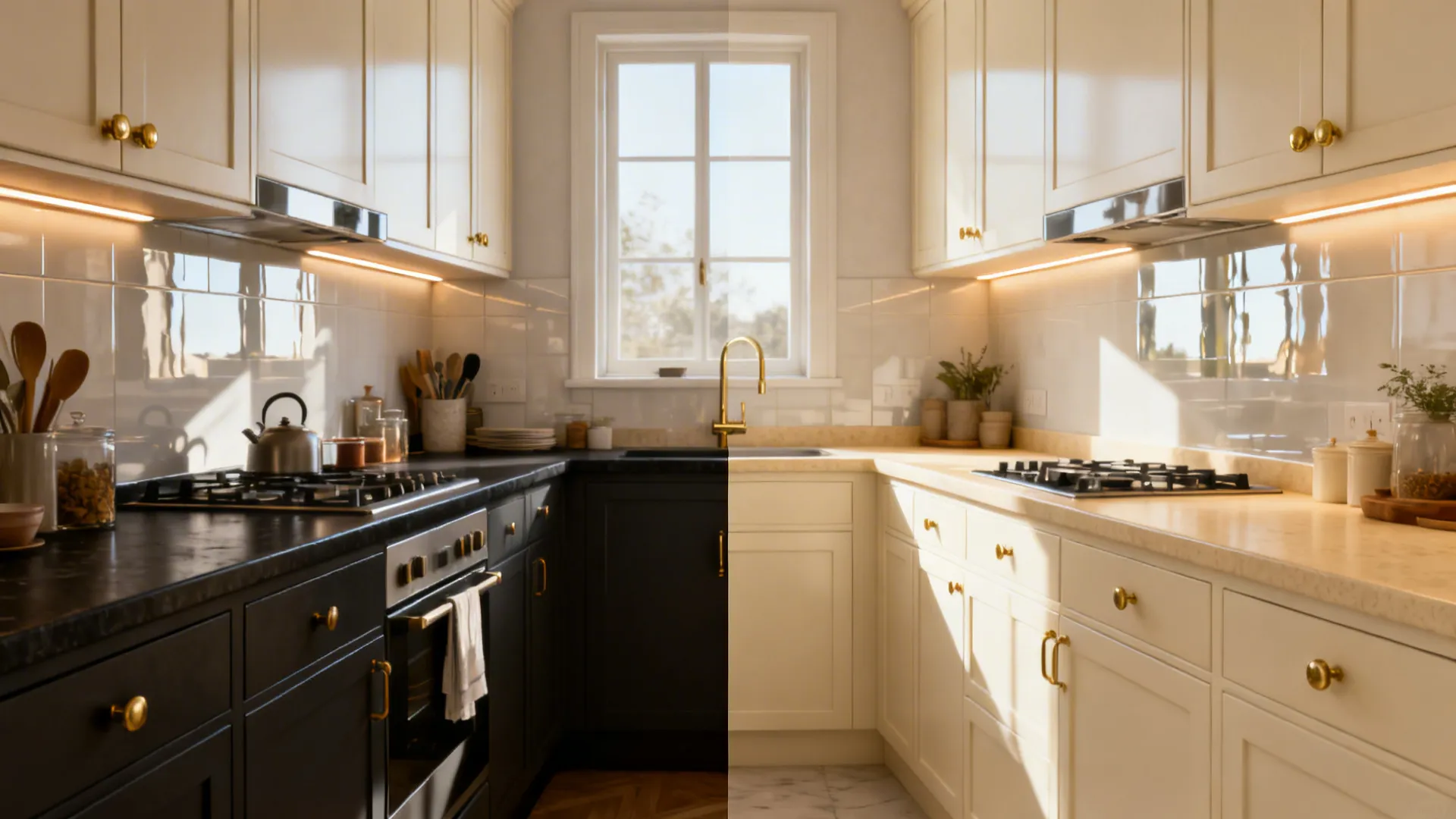 Before and after comparison of dark kitchen cabinets versus light white kitchen cabinets with gold handles