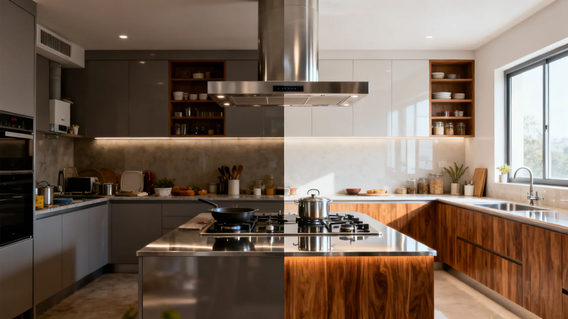 Split view showing a cluttered kitchen before and a bright Vastu-aligned kitchen after.