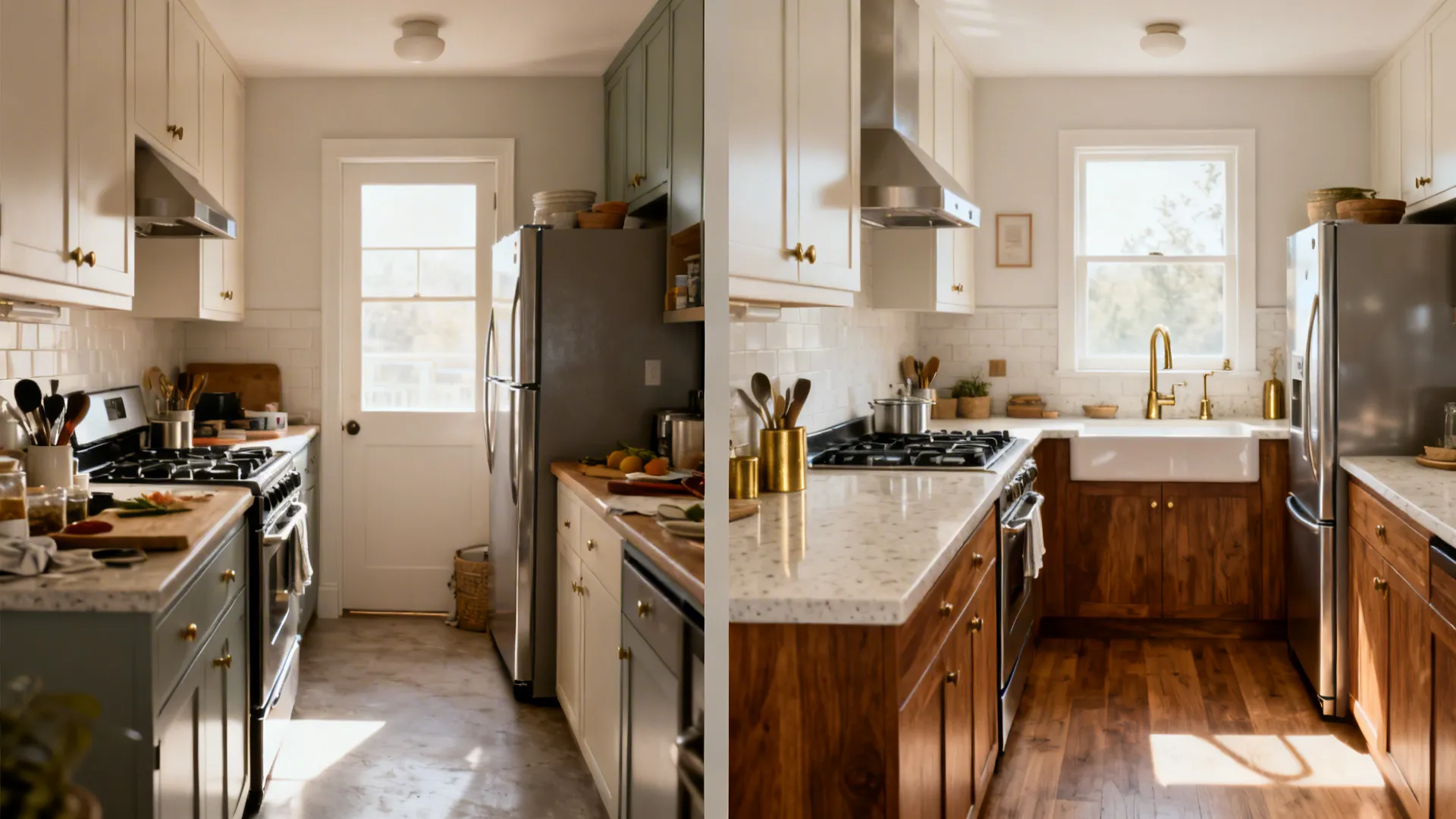 Before and after split of a compact kitchen showing Vastu-aligned zones and better light.