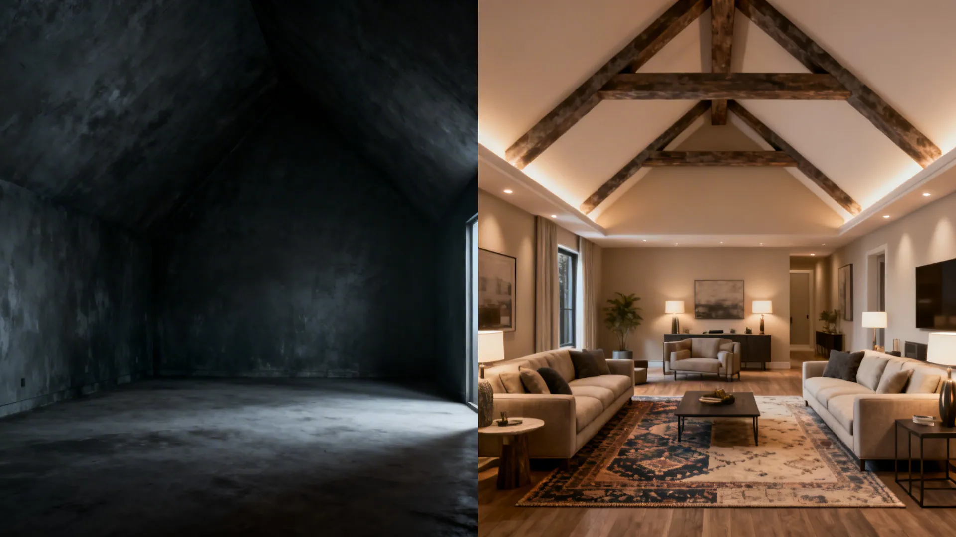 Before and after of a vaulted living room showing dark cavernous state and a warm redesigned version