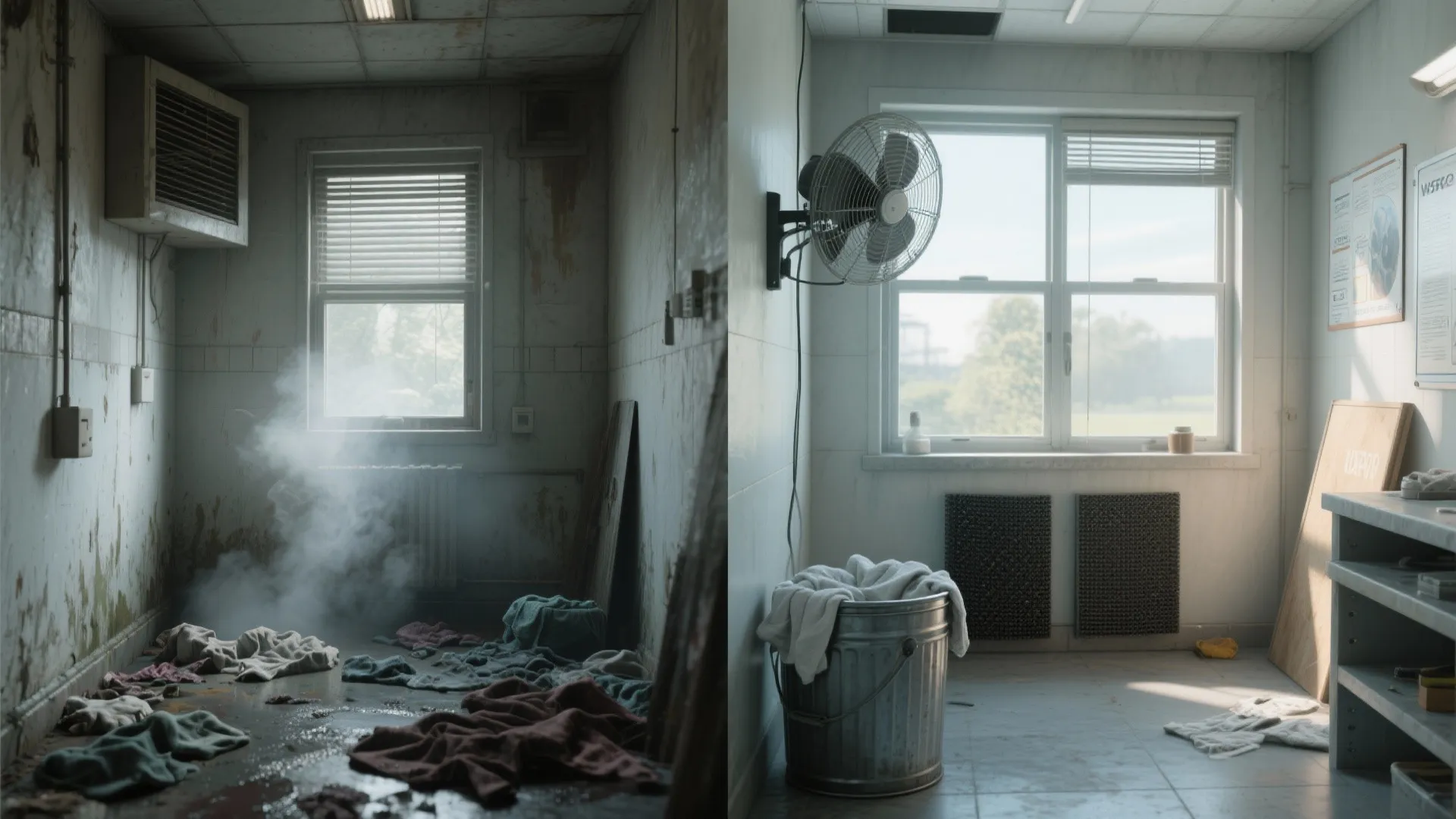 Before and after comparison of a smoky dark utility room versus a clean bright ventilated space