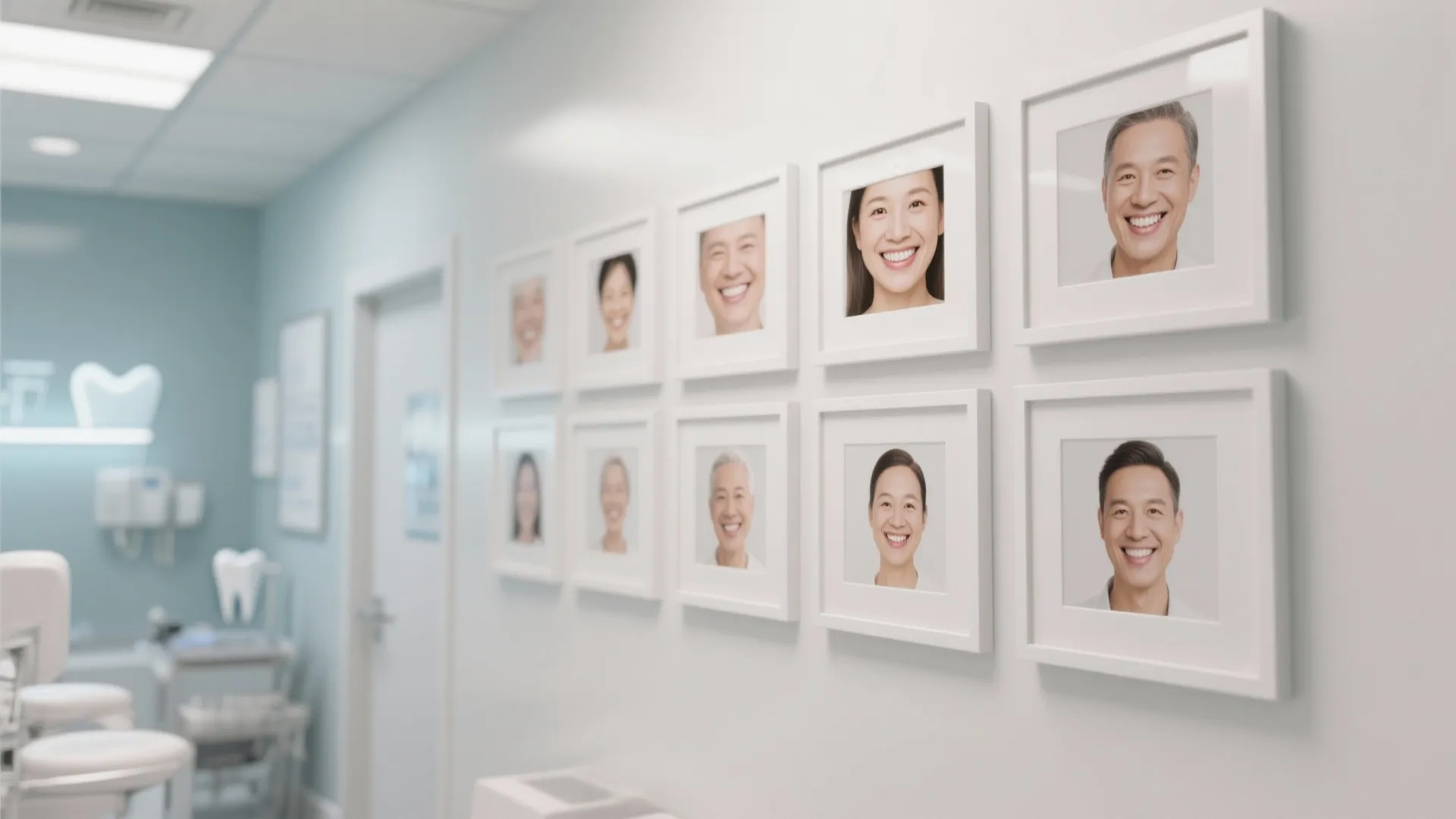 Clinic hallway wall decorated with several white framed portraits of smiling people showing healthy teeth