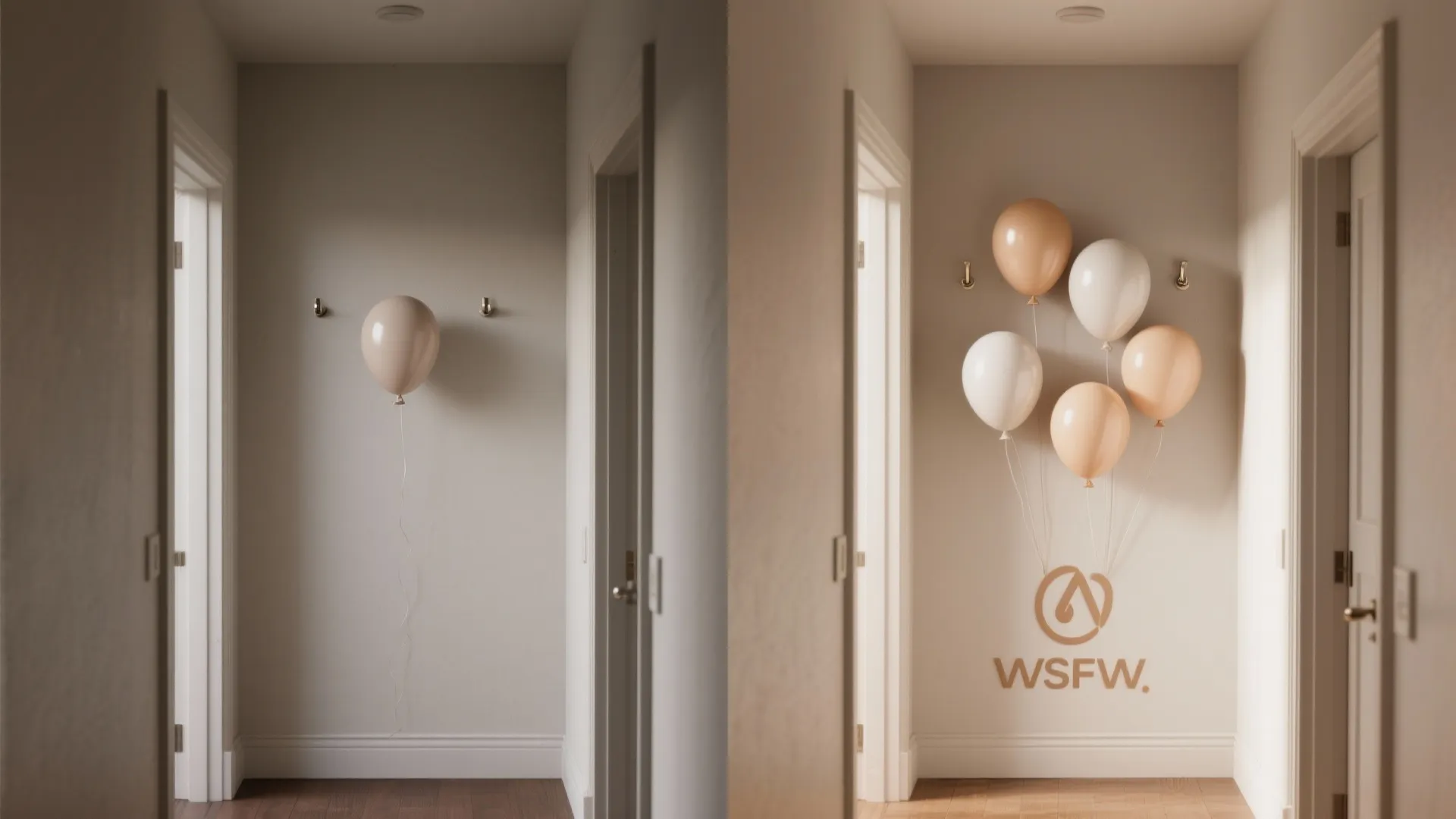 Before-and-after comparison of a single balloon versus a bunch of balloons on a hallway wall