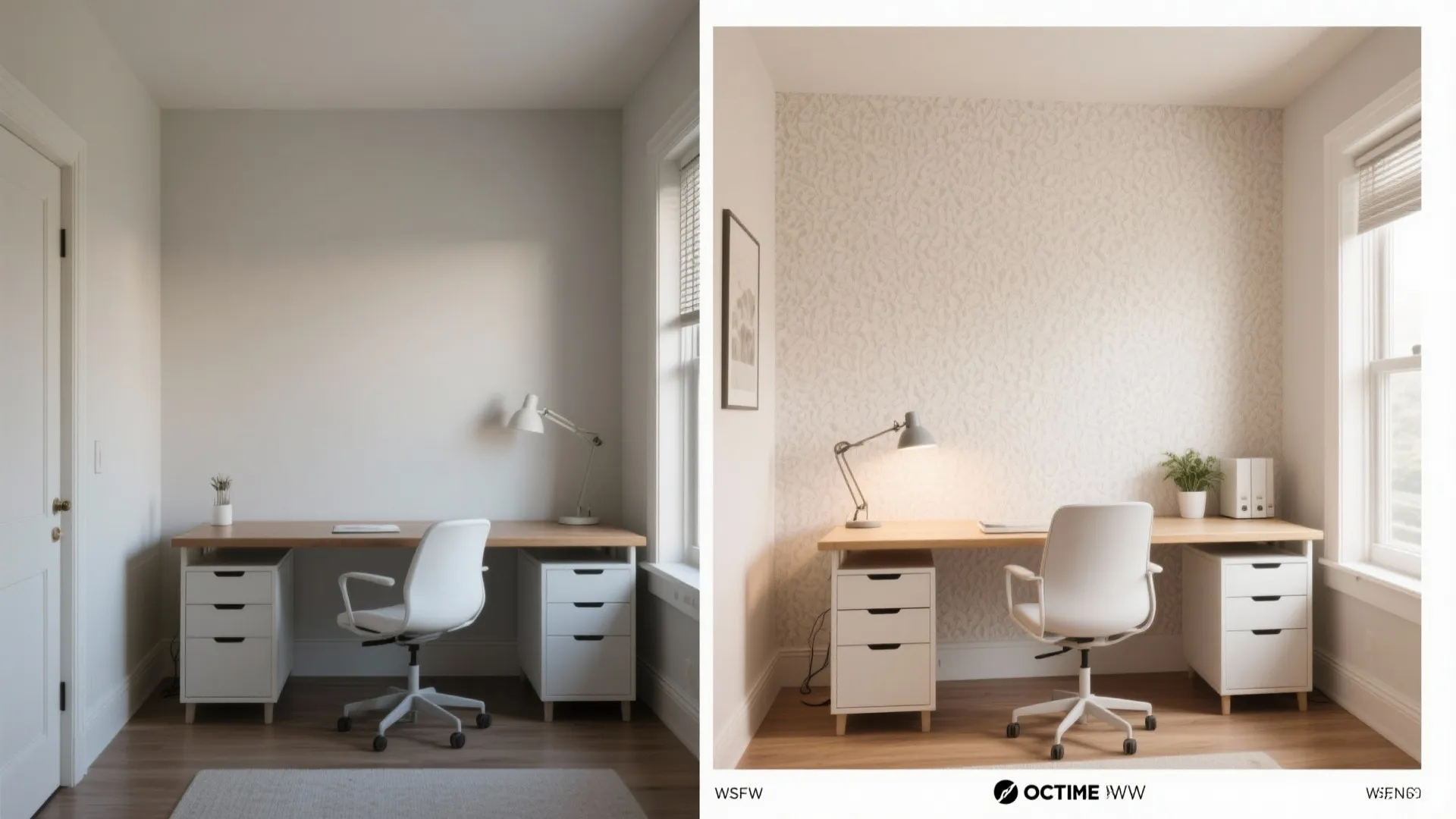 Before and after comparison of a small office showing the visual impact of adding wallpaper and an accent wall.