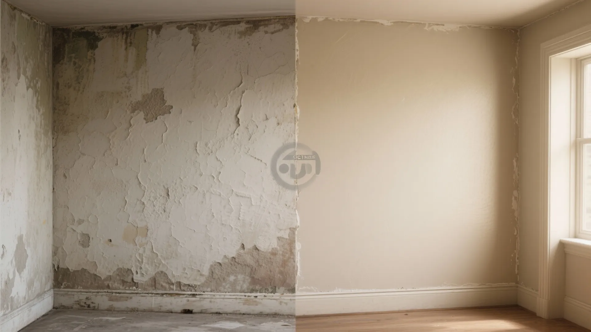 Split before-and-after image showing a heavily textured wall on the left and a smooth finished wall on the right.