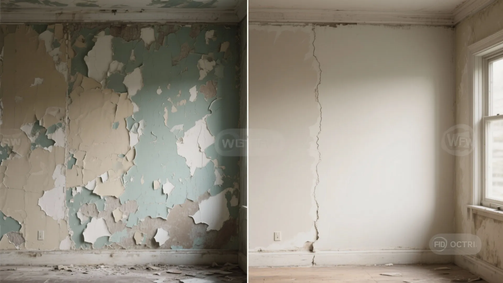 Before and after comparison of a damaged peeling interior wall next to a repaired smooth wall