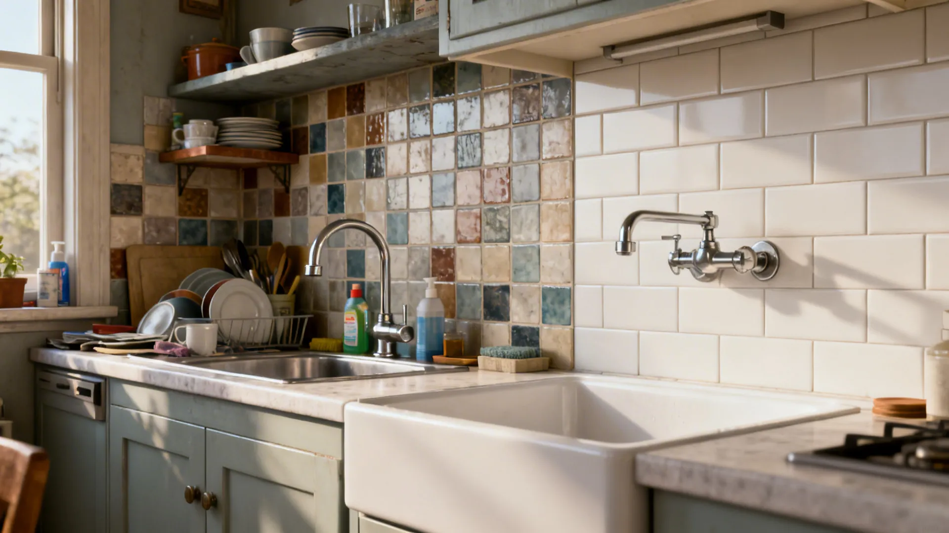 Before-and-after of a compact sink wall switching to a wall-mount faucet.