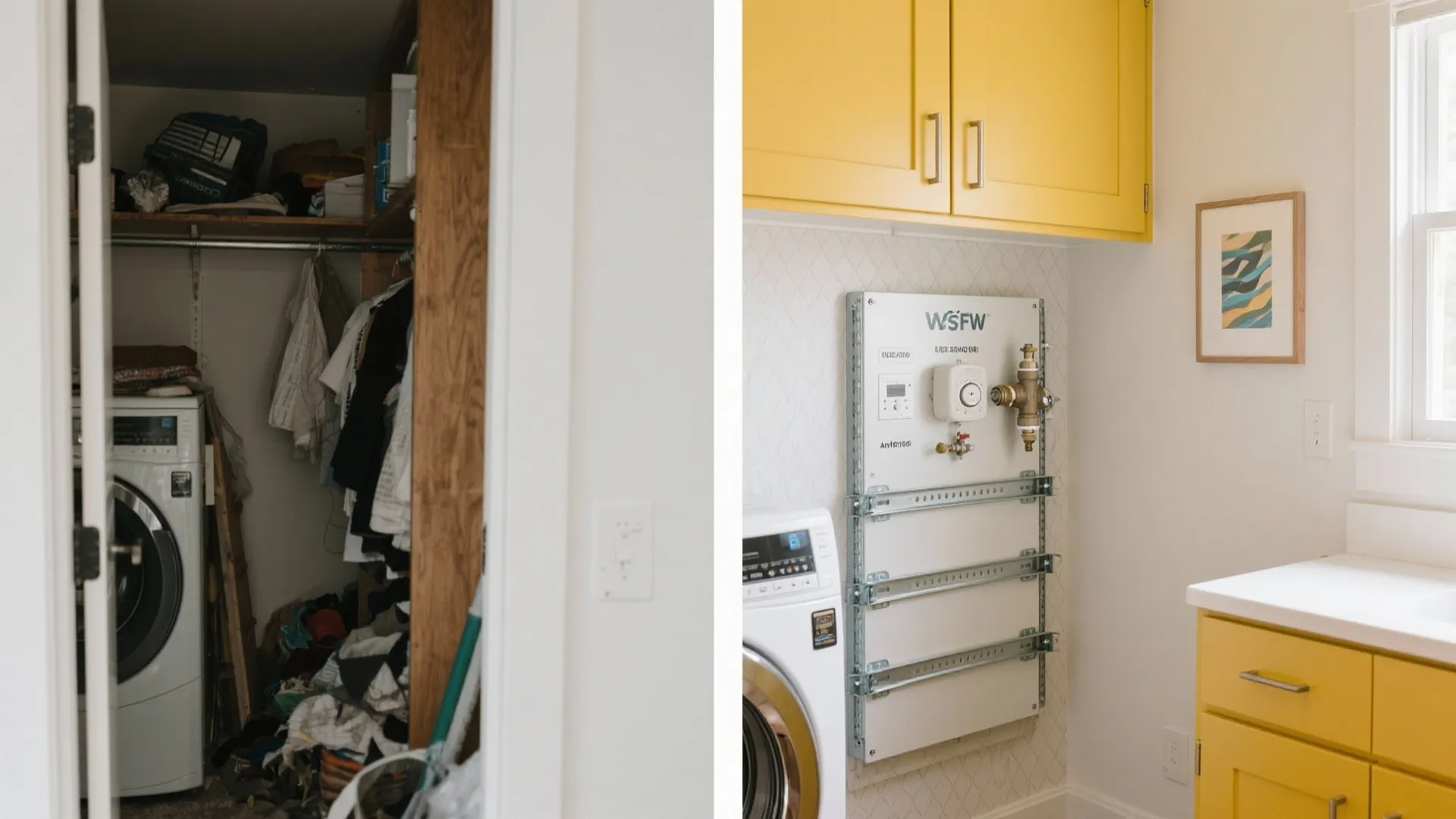 Before and after comparison of a messy laundry closet versus a clean organized yellow laundry