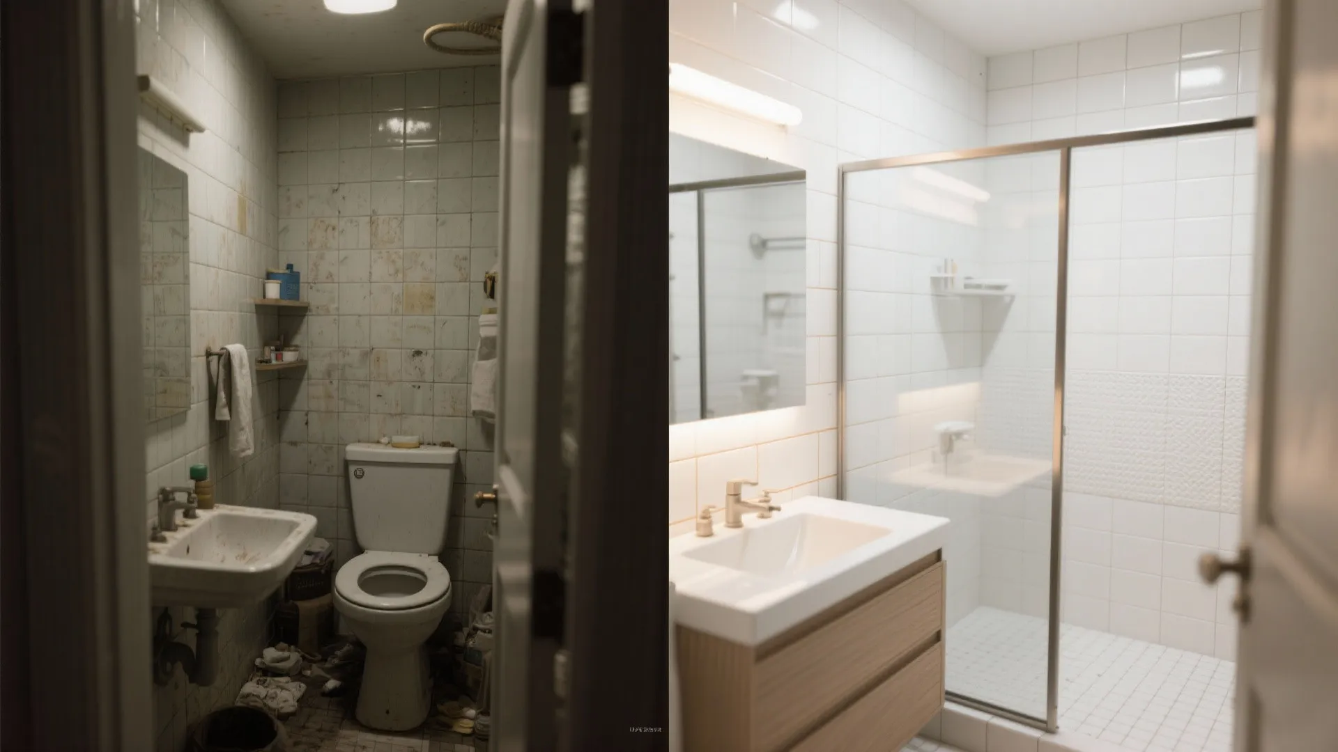 Before-and-after of a small bathroom transformed by layered white tile strategies and warm grout.