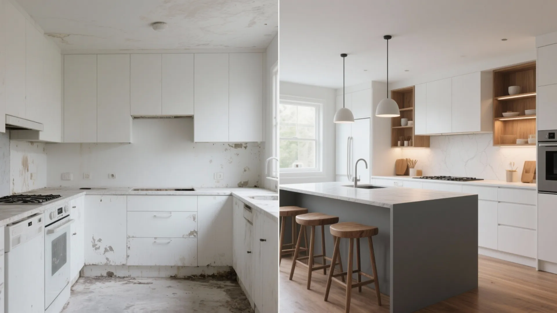Before-and-after comparison of an old messy white kitchen versus a new modern clean kitchen design