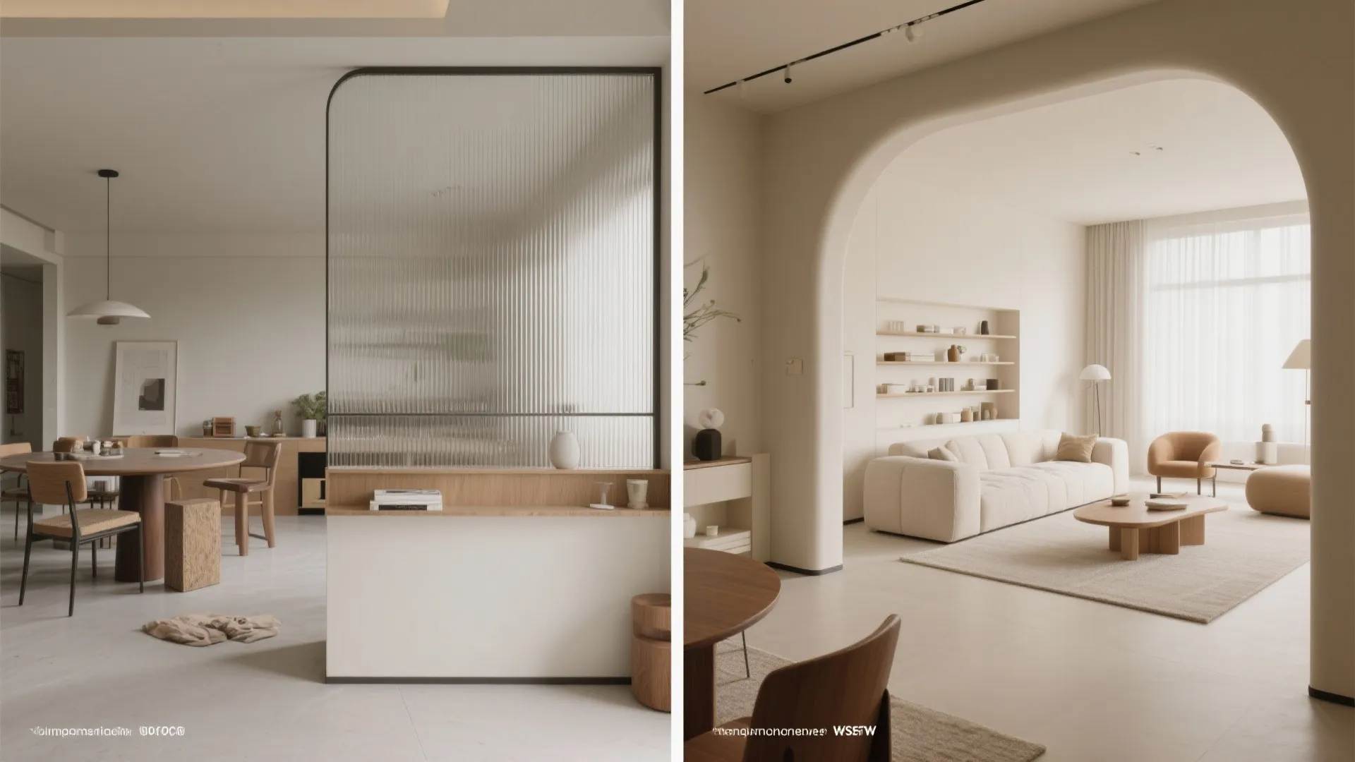 Split screen comparison showing dining area with glass partition and living room with arched doorway