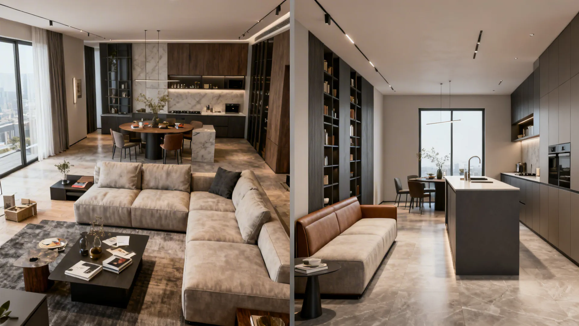 Before-and-after of an open-plan: cramped by large sofa versus optimized with slim furniture and better zoning